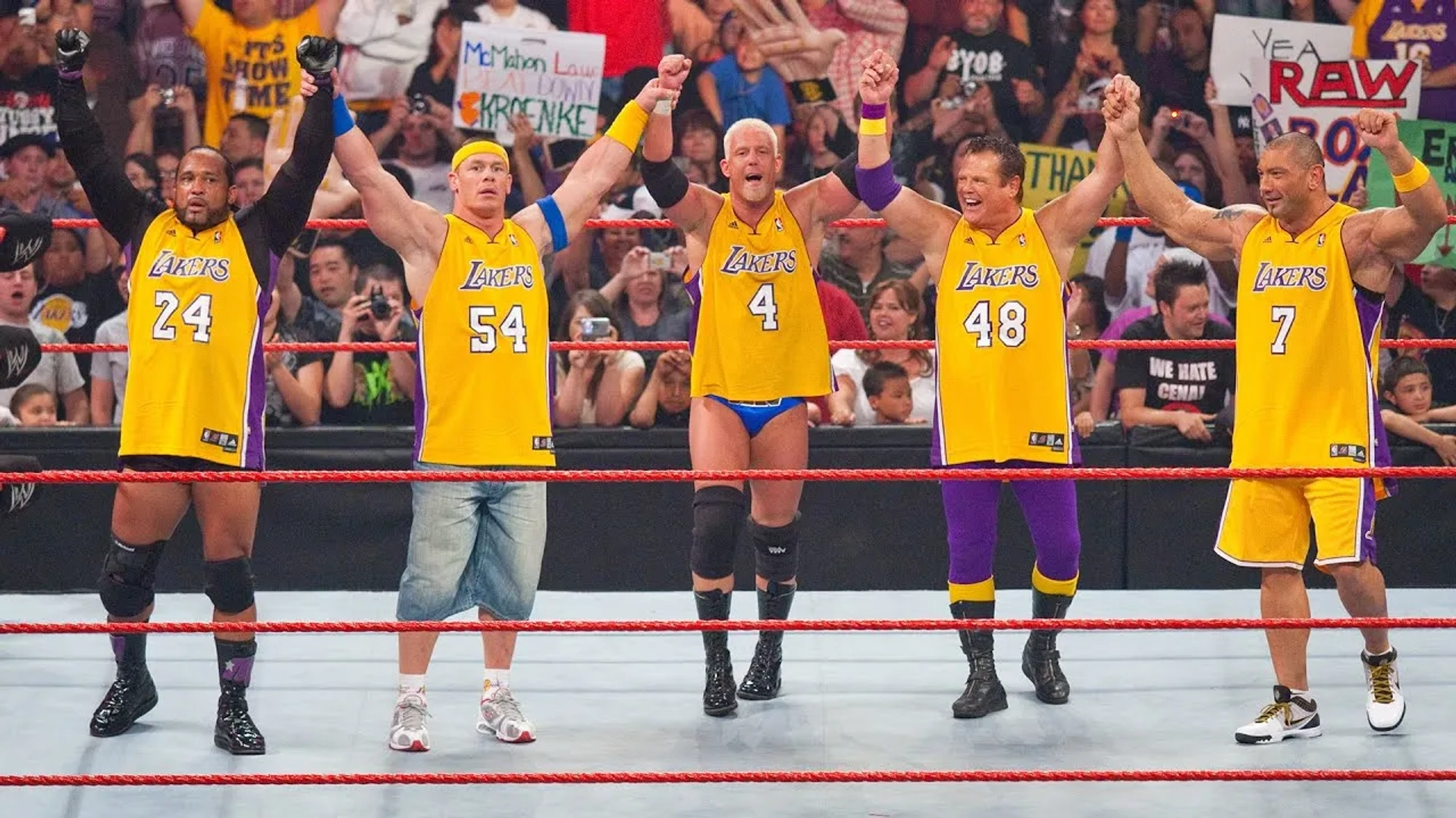 Jerry Lawler, John Cena, Dave Bautista, Ken Anderson, and Antonio Burke Jr. in WWE Raw (1993)