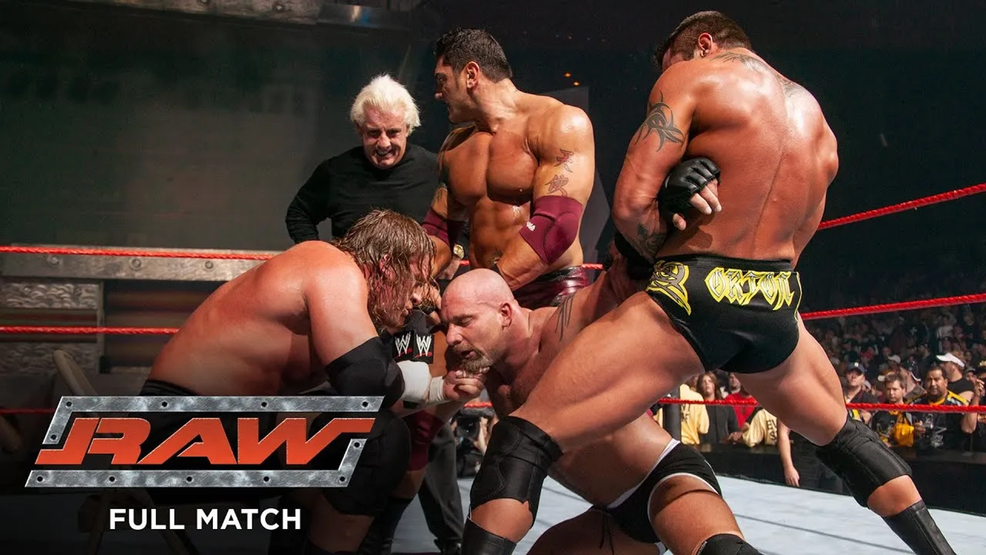 Bill Goldberg, Ric Flair, Paul Levesque, Randy Orton, and Dave Bautista in WWE Raw (1993)