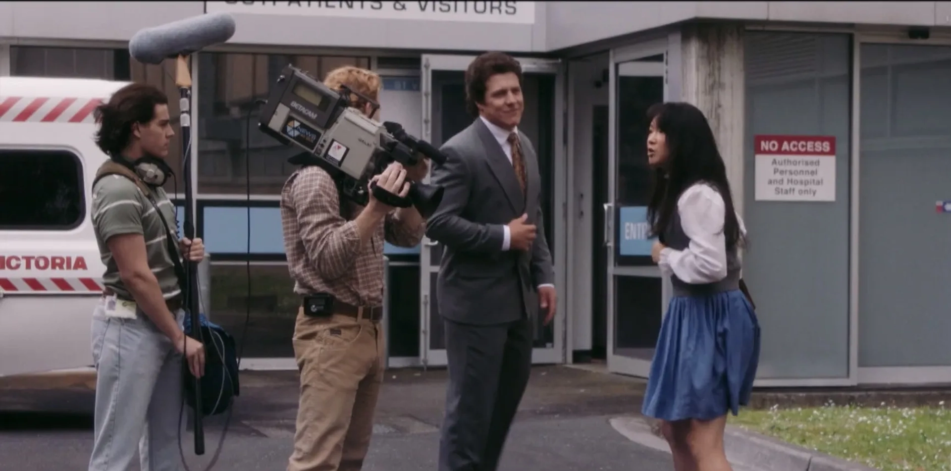 Stephen Peacocke, Michelle Lim Davidson, and Cullen Gorman in The Newsreader (2021)