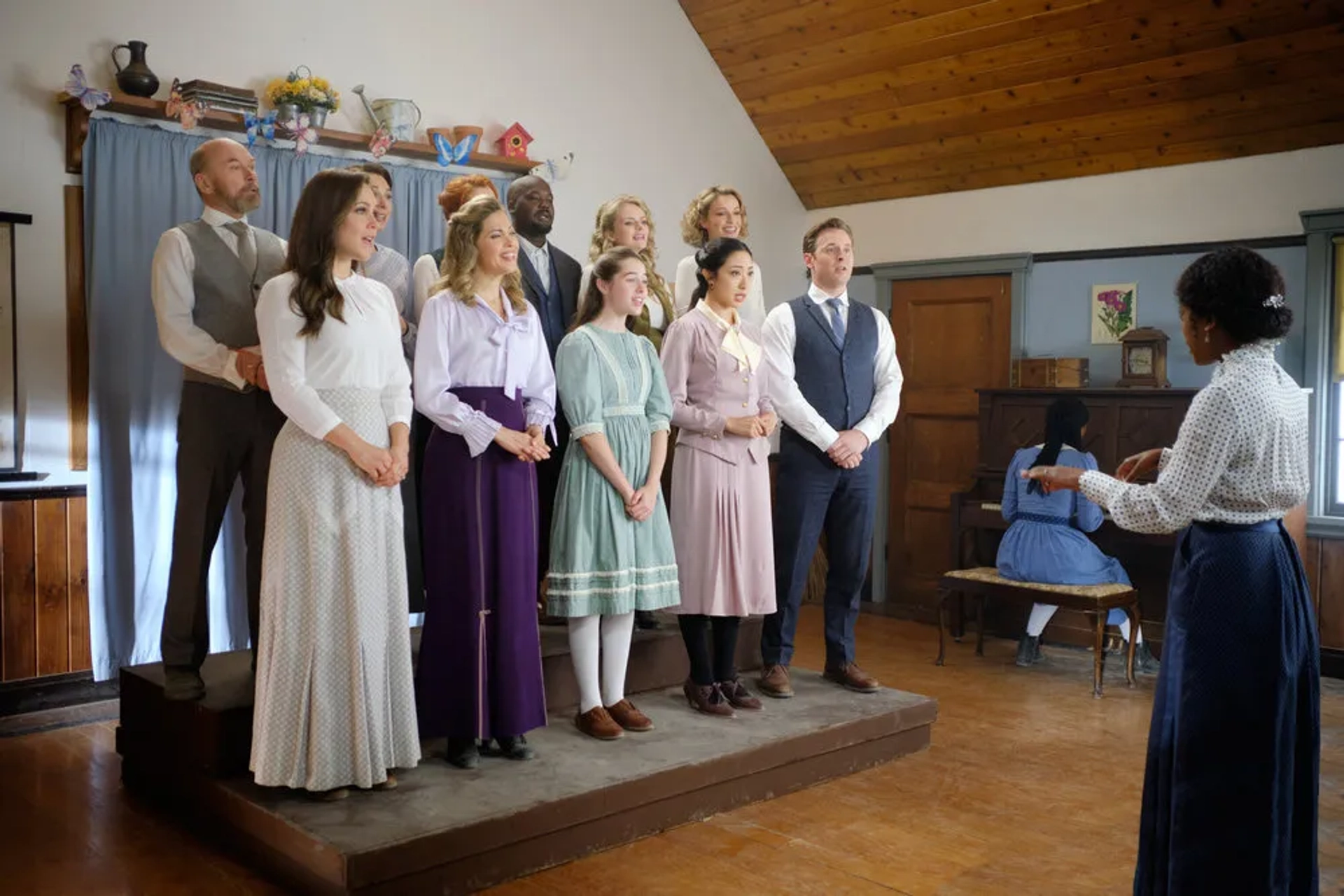 Viv Leacock, Hrothgar Mathews, Johannah Newmarch, Pascale Hutton, Loretta Walsh, Andrea Brooks, Erin Krakow, Gracyn Shinyei, Ben Rosenbaum, Natasha Burnett, Kayla Wallace, Vienna Leacock, and Amanda Wong in When Calls the Heart: What Is and What Should Never Be (2023)