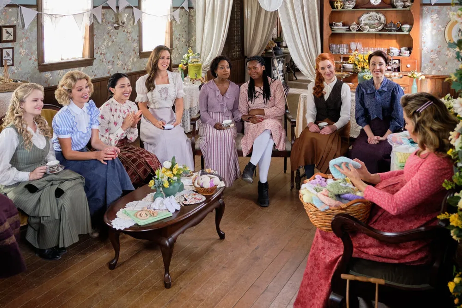 Johannah Newmarch, Pascale Hutton, Loretta Walsh, Andrea Brooks, Erin Krakow, Natasha Burnett, Kayla Wallace, Vienna Leacock, and Amanda Wong in When Calls the Heart: Oh, Baby (2023)