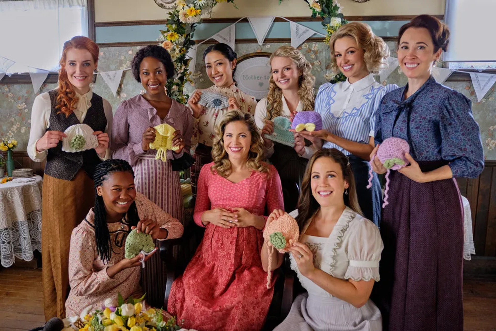 Johannah Newmarch, Pascale Hutton, Loretta Walsh, Andrea Brooks, Erin Krakow, Natasha Burnett, Kayla Wallace, Vienna Leacock, and Amanda Wong in When Calls the Heart: Oh, Baby (2023)