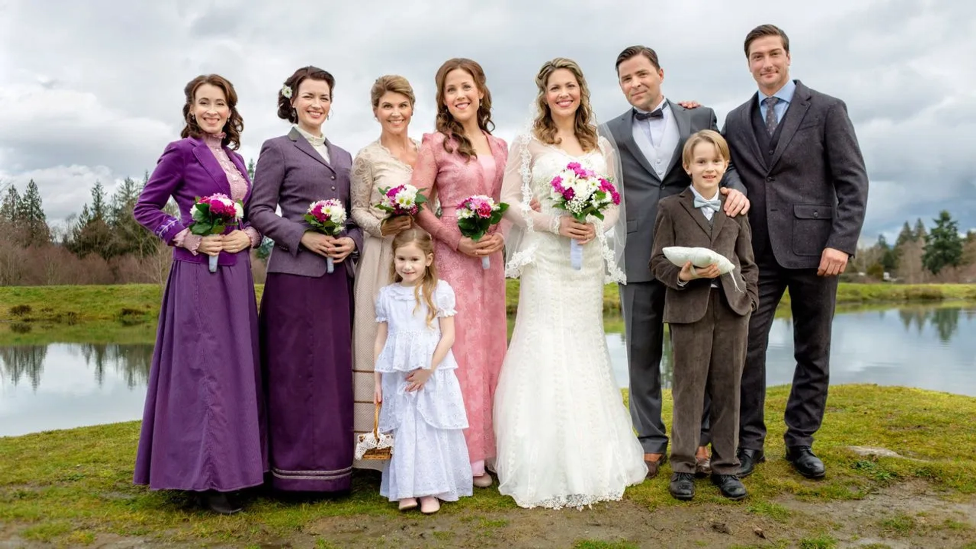 Lori Loughlin, Kavan Smith, Pascale Hutton, Loretta Walsh, Daniel Lissing, Erin Krakow, Carter Ryan, and Ava Grace Cooper in When Calls the Heart (2014)