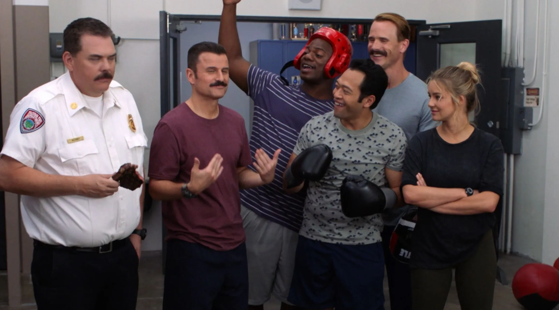 Kevin Heffernan, Gabriel Hogan, Steve Lemme, Eugene Cordero, Marcus Henderson, and Hassie Harrison in Tacoma FD (2019)