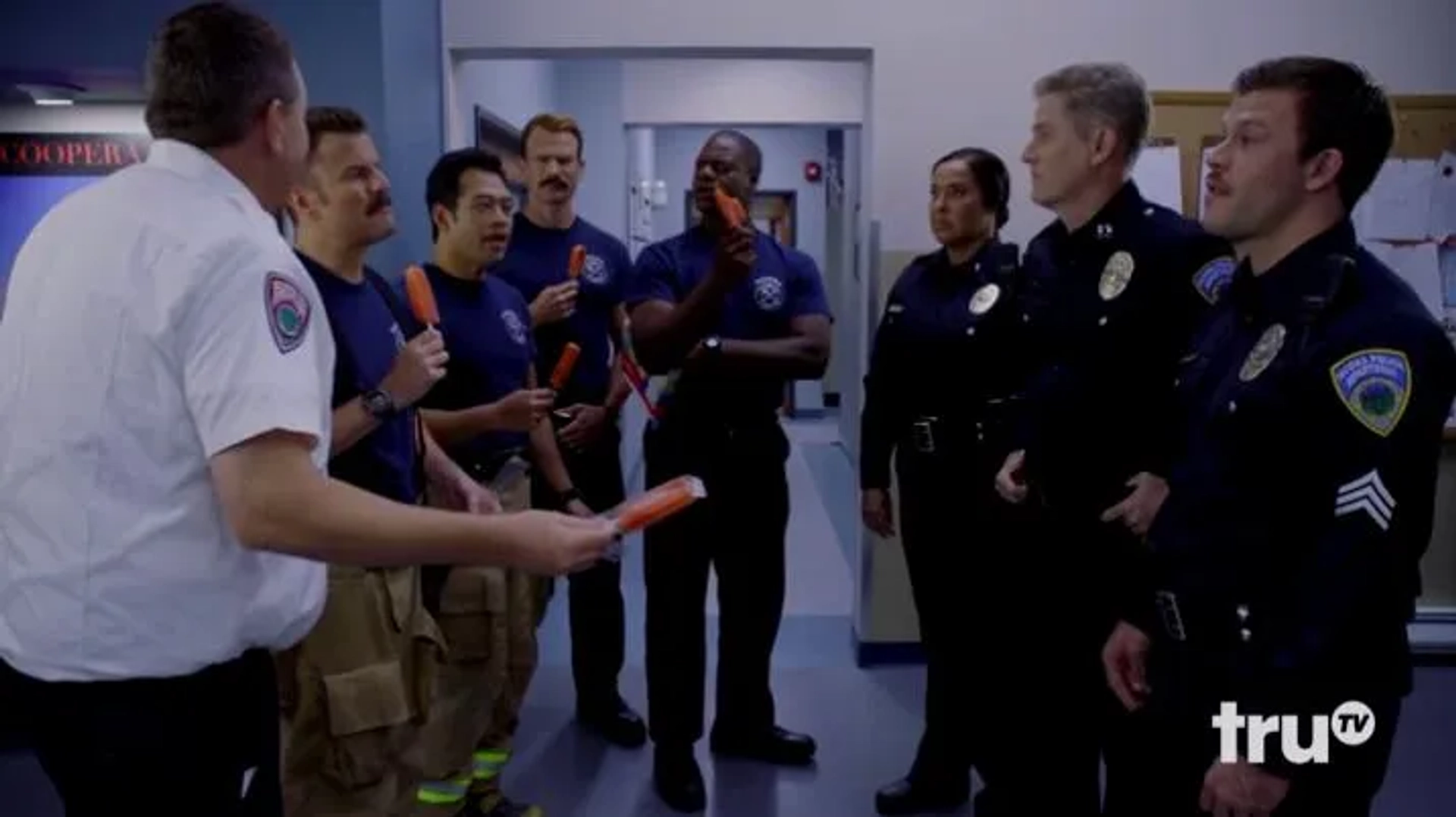 Kevin Heffernan, Gabriel Hogan, Steve Lemme, Maria Russell, Eugene Cordero, and Marcus Henderson in Tacoma FD (2019)