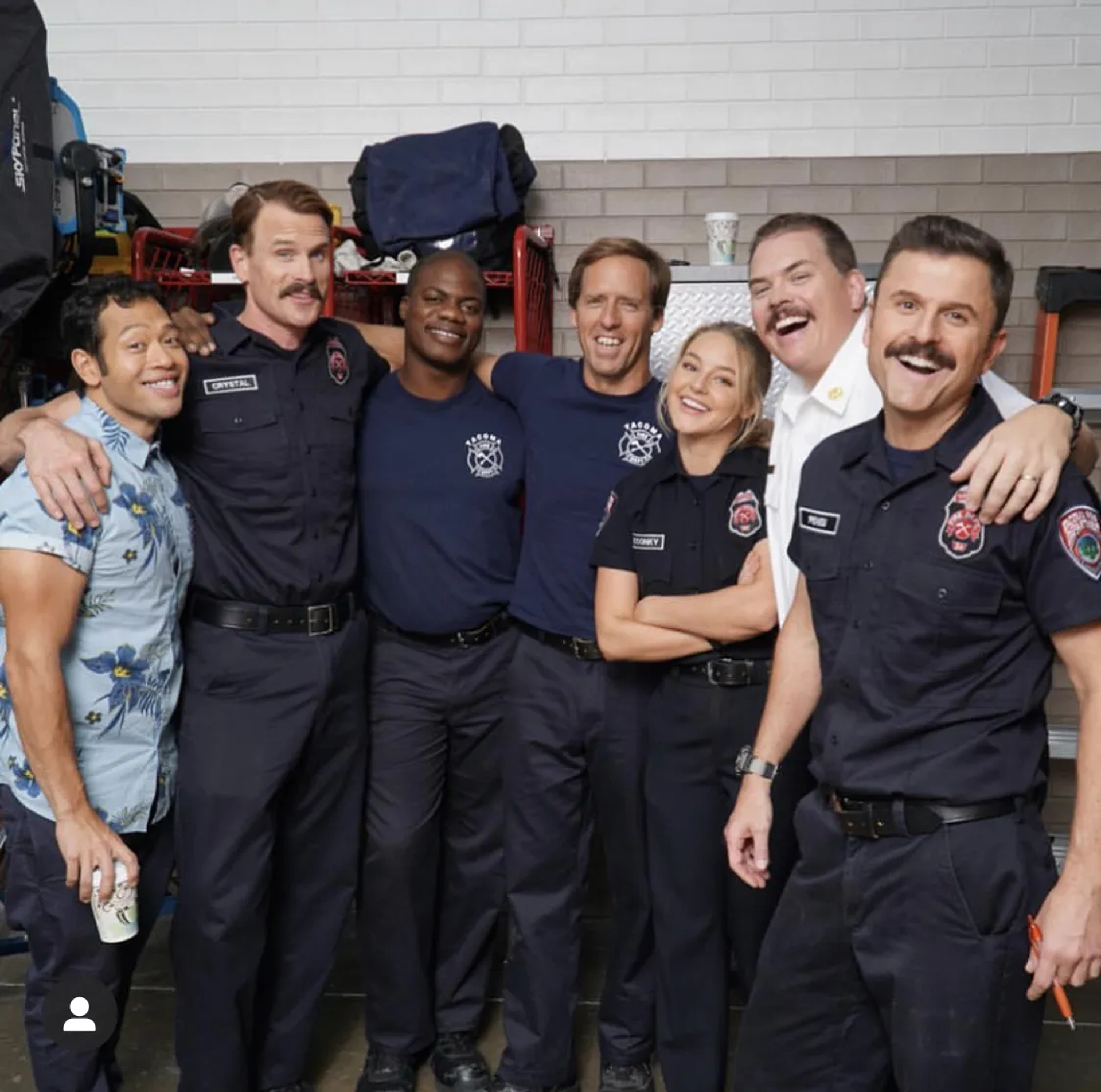 Nat Faxon, Kevin Heffernan, Gabriel Hogan, Steve Lemme, Eugene Cordero, Marcus Henderson, and Hassie Harrison in Tacoma FD (2019)