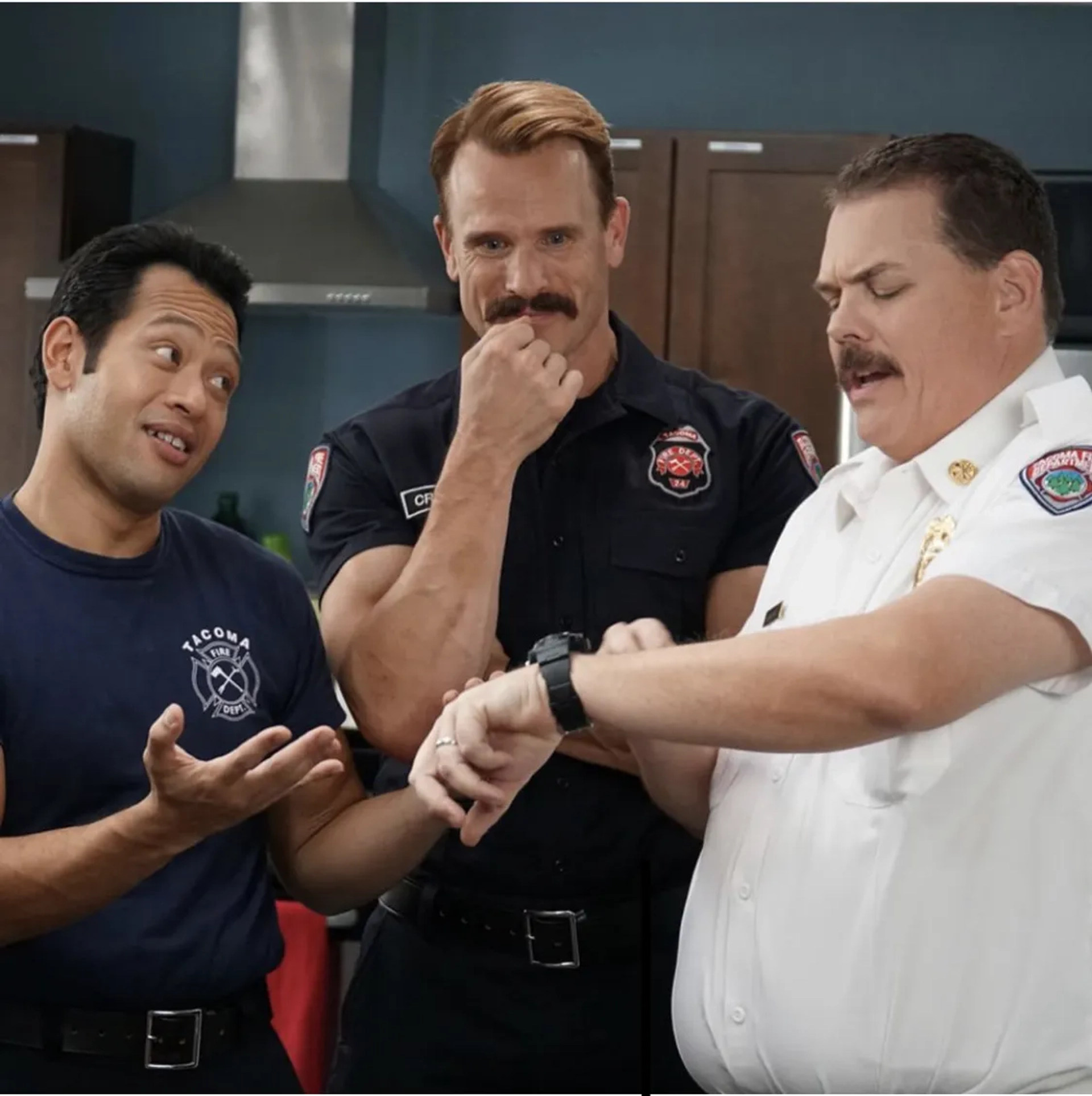 Kevin Heffernan, Gabriel Hogan, and Eugene Cordero in Tacoma FD (2019)