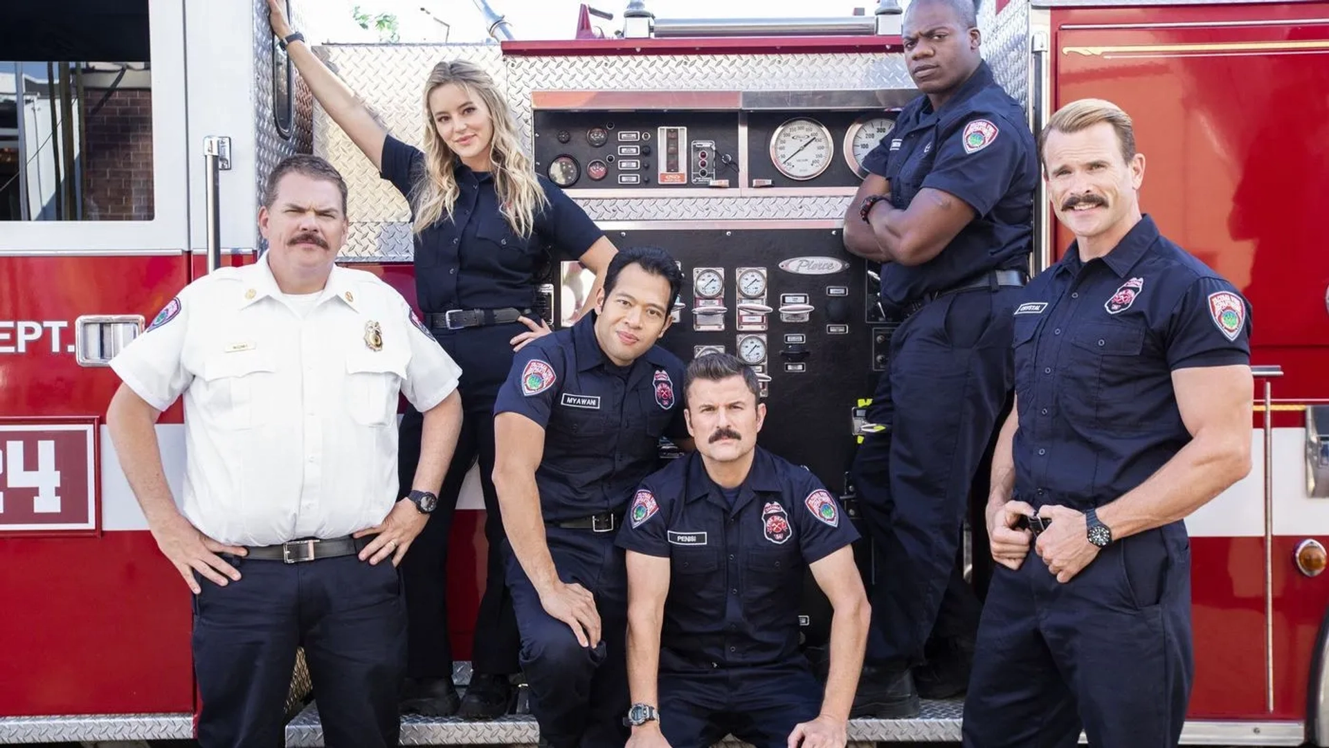 Kevin Heffernan, Gabriel Hogan, Steve Lemme, Eugene Cordero, Marcus Henderson, and Hassie Harrison in Tacoma FD (2019)