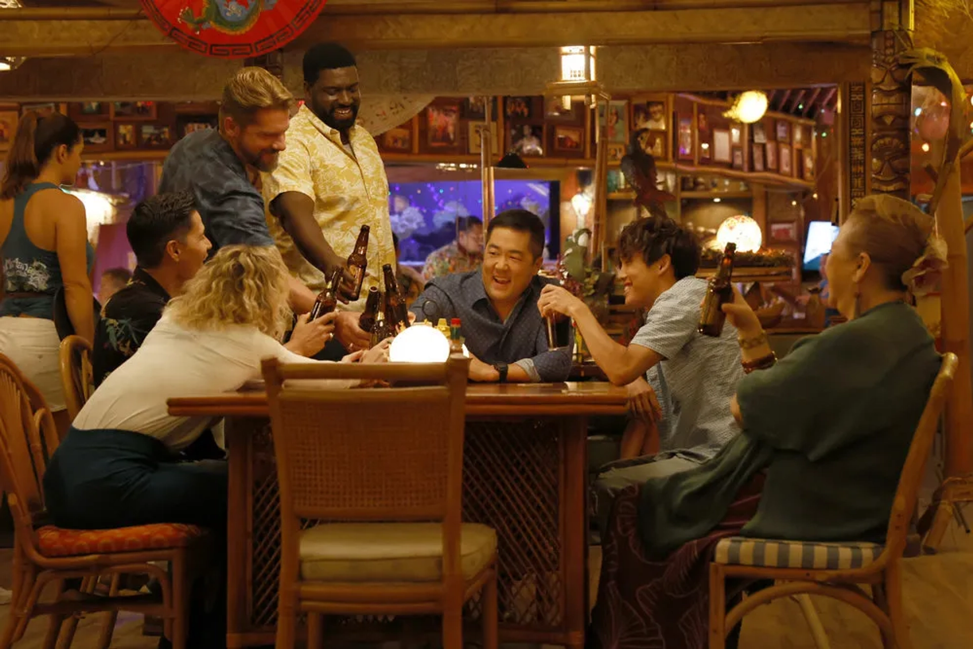 Jay Hernandez, Amy Hill, Zachary Knighton, Perdita Weeks, Tim Kang, Stephen Hill, and Lance Lim in Magnum P.I.: Dead Ringer (2023)