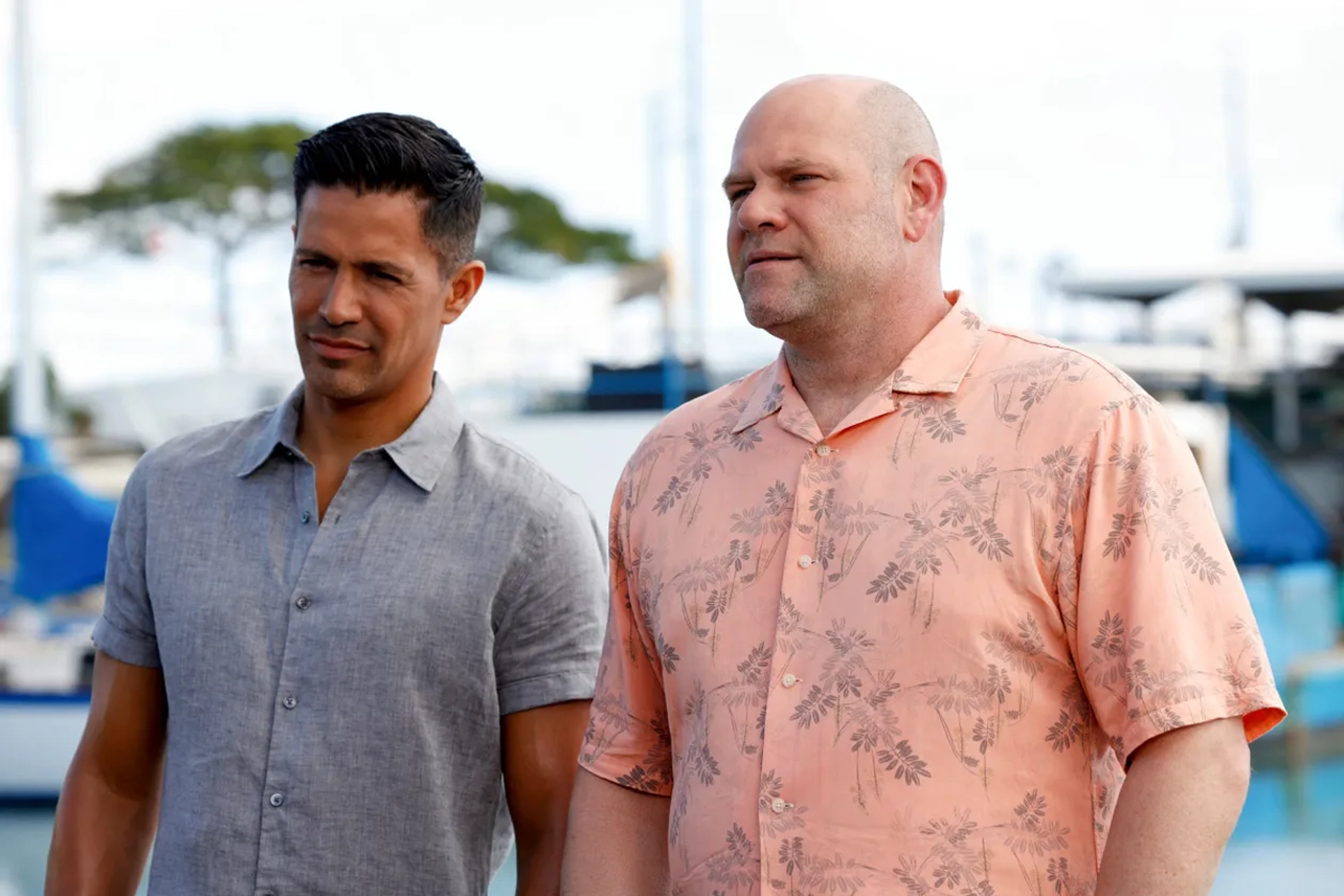 Jay Hernandez and Domenick Lombardozzi in Magnum P.I.: Shallow Grave, Deep Water (2022)