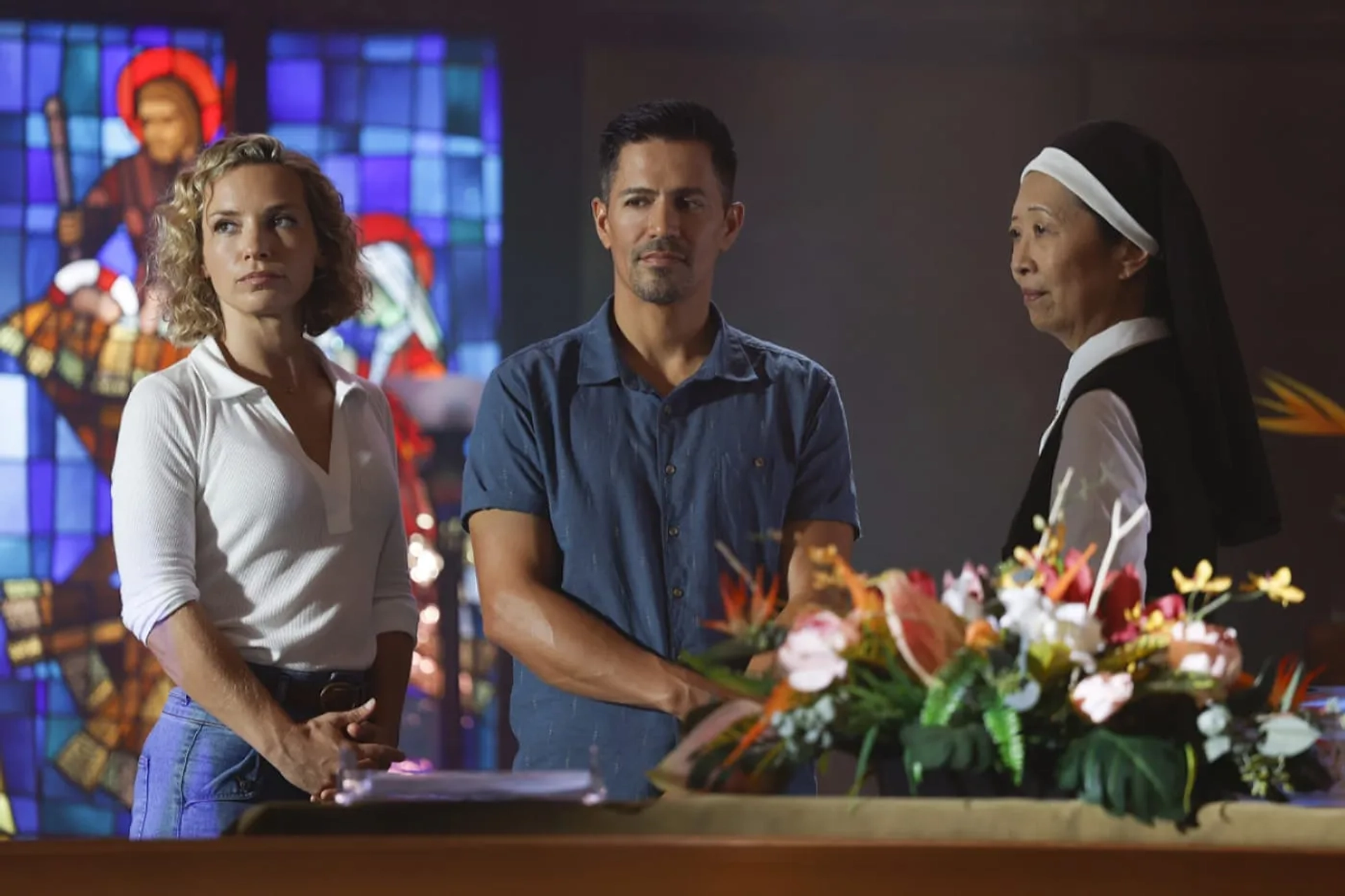 Jay Hernandez, Jeanne Sakata, and Perdita Weeks in Magnum P.I.: If I Should Die Before I Wake (2022)