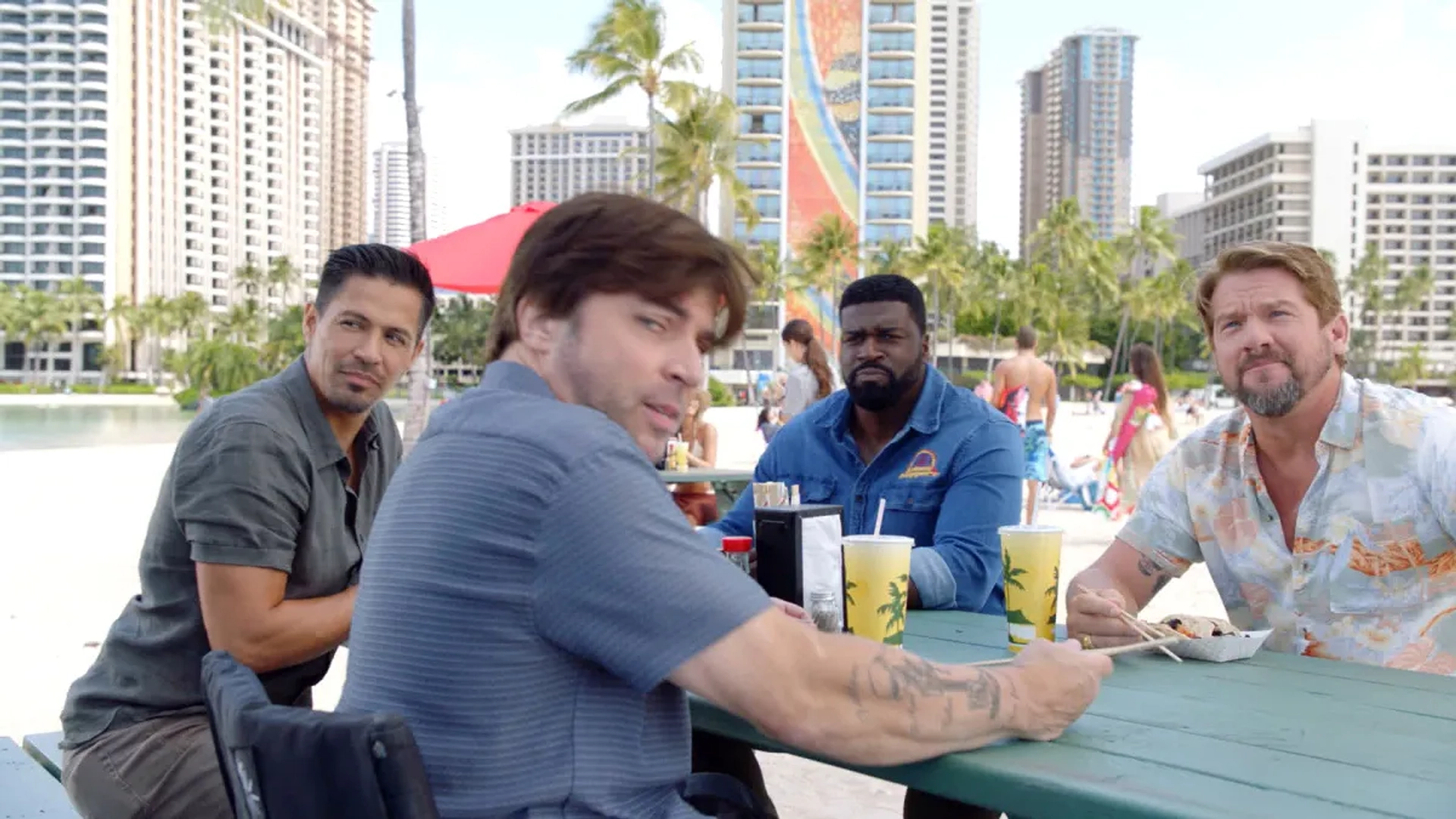 Jay Hernandez, Zachary Knighton, Christopher Thornton, and Stephen Hill in Magnum P.I.: Bloodline (2021)