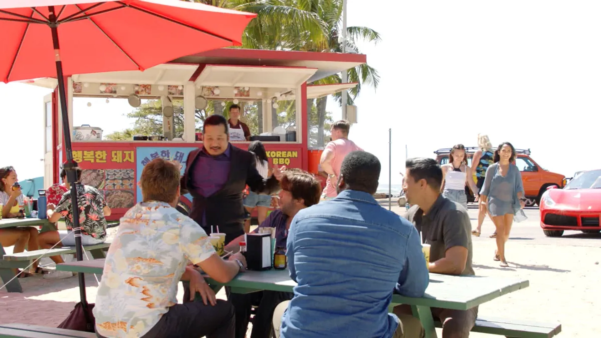 Jay Hernandez, Zachary Knighton, Bobby Lee, Christopher Thornton, and Stephen Hill in Magnum P.I.: Bloodline (2021)