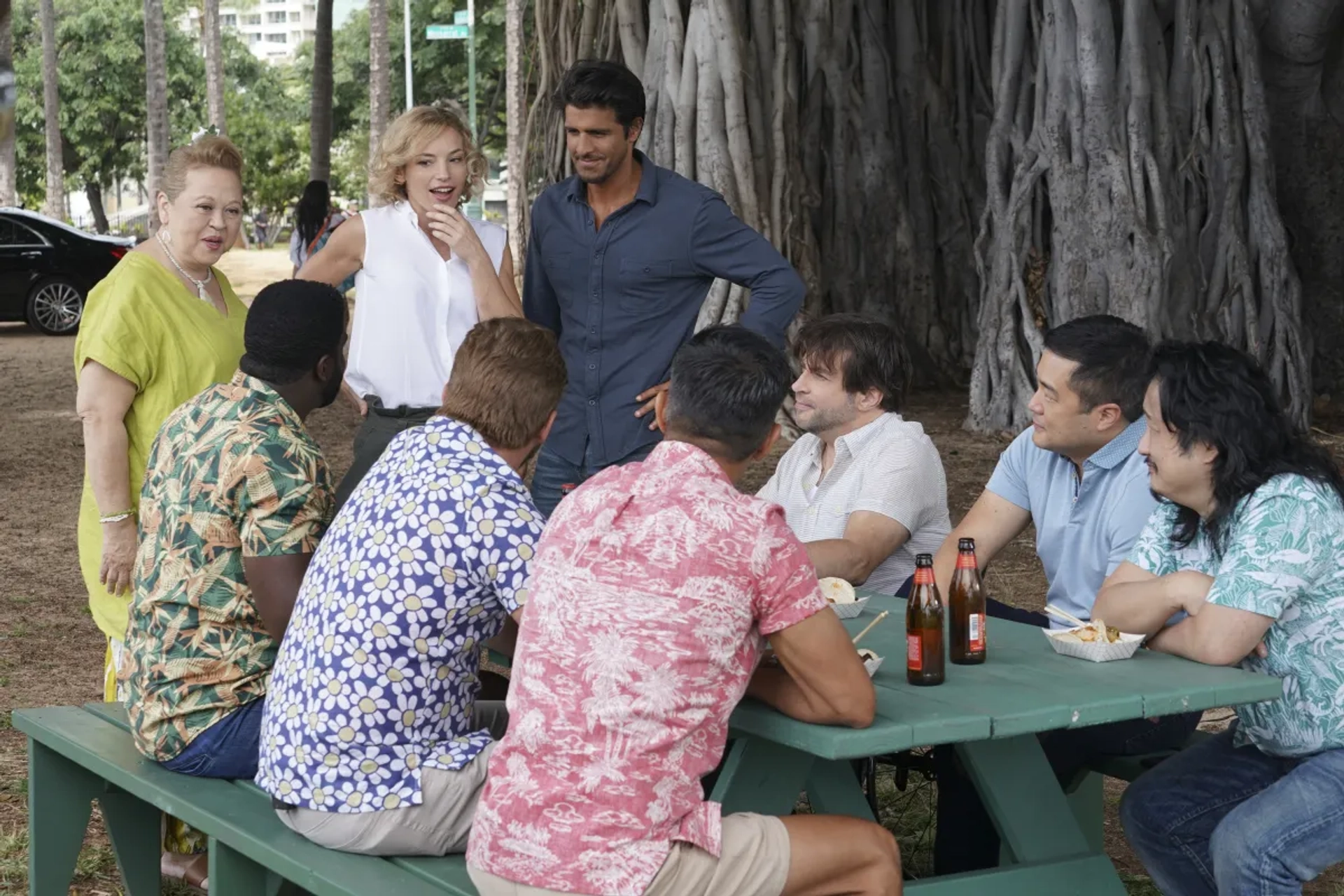 Jay Hernandez, Amy Hill, Zachary Knighton, Bobby Lee, Christopher Thornton, Perdita Weeks, Tim Kang, Stephen Hill, and Jay Ali in Magnum P.I.: Bloodline (2021)