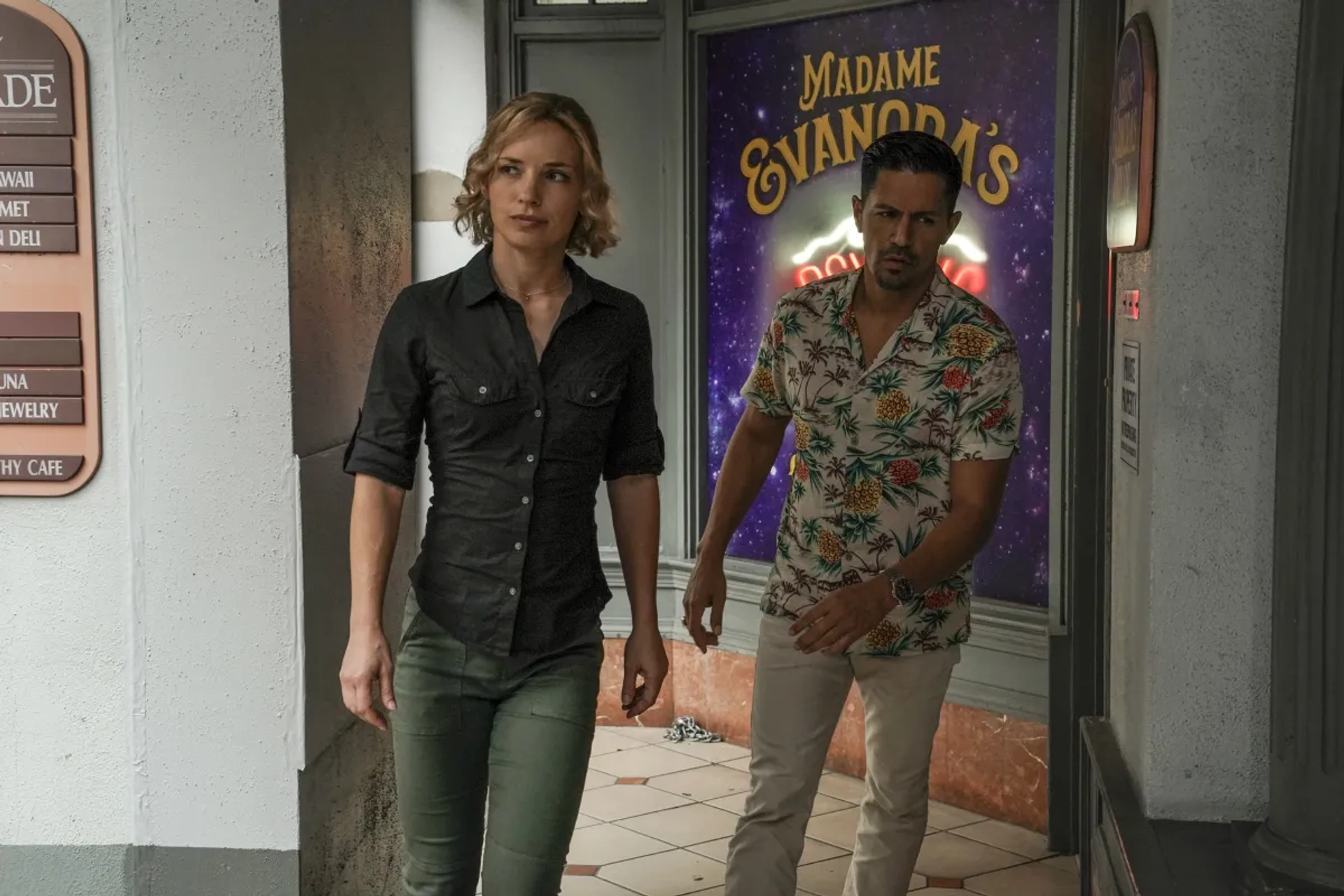 Jay Hernandez and Perdita Weeks in Magnum P.I.: Whispers of Death (2021)