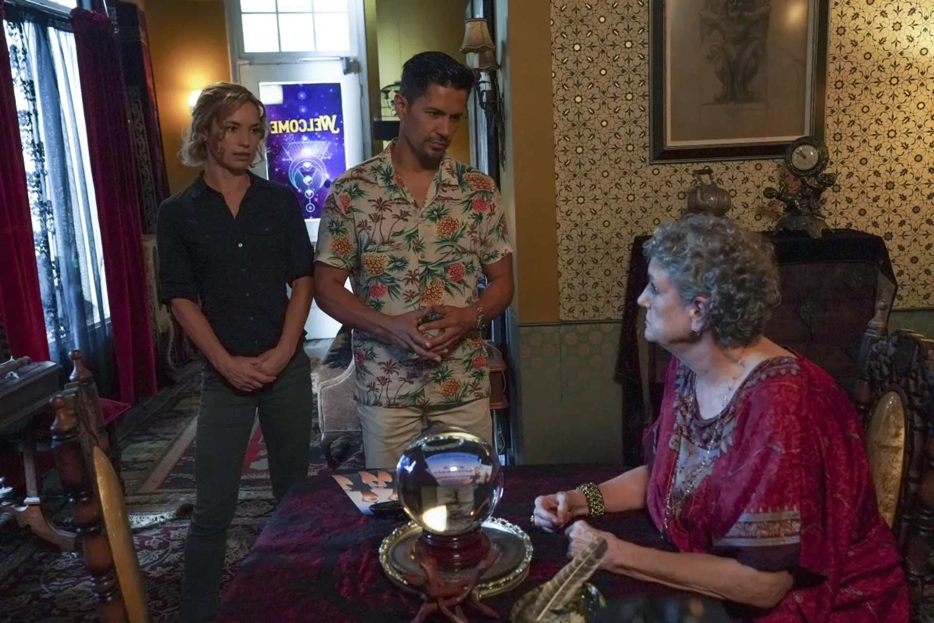 Jay Hernandez, Perdita Weeks, and Sally Jackson in Magnum P.I.: Whispers of Death (2021)