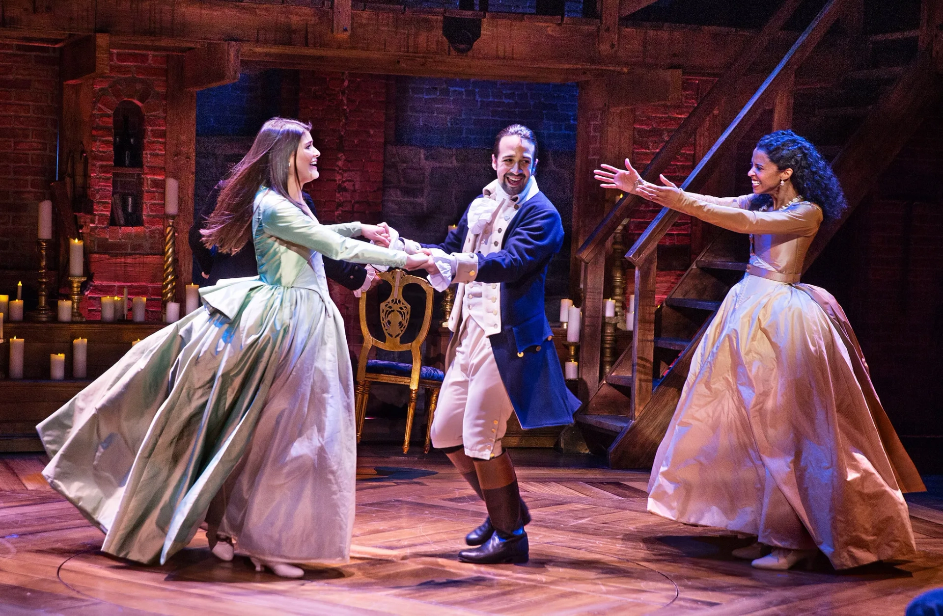 Renée Elise Goldsberry, Lin-Manuel Miranda, and Phillipa Soo in Hamilton (2020)