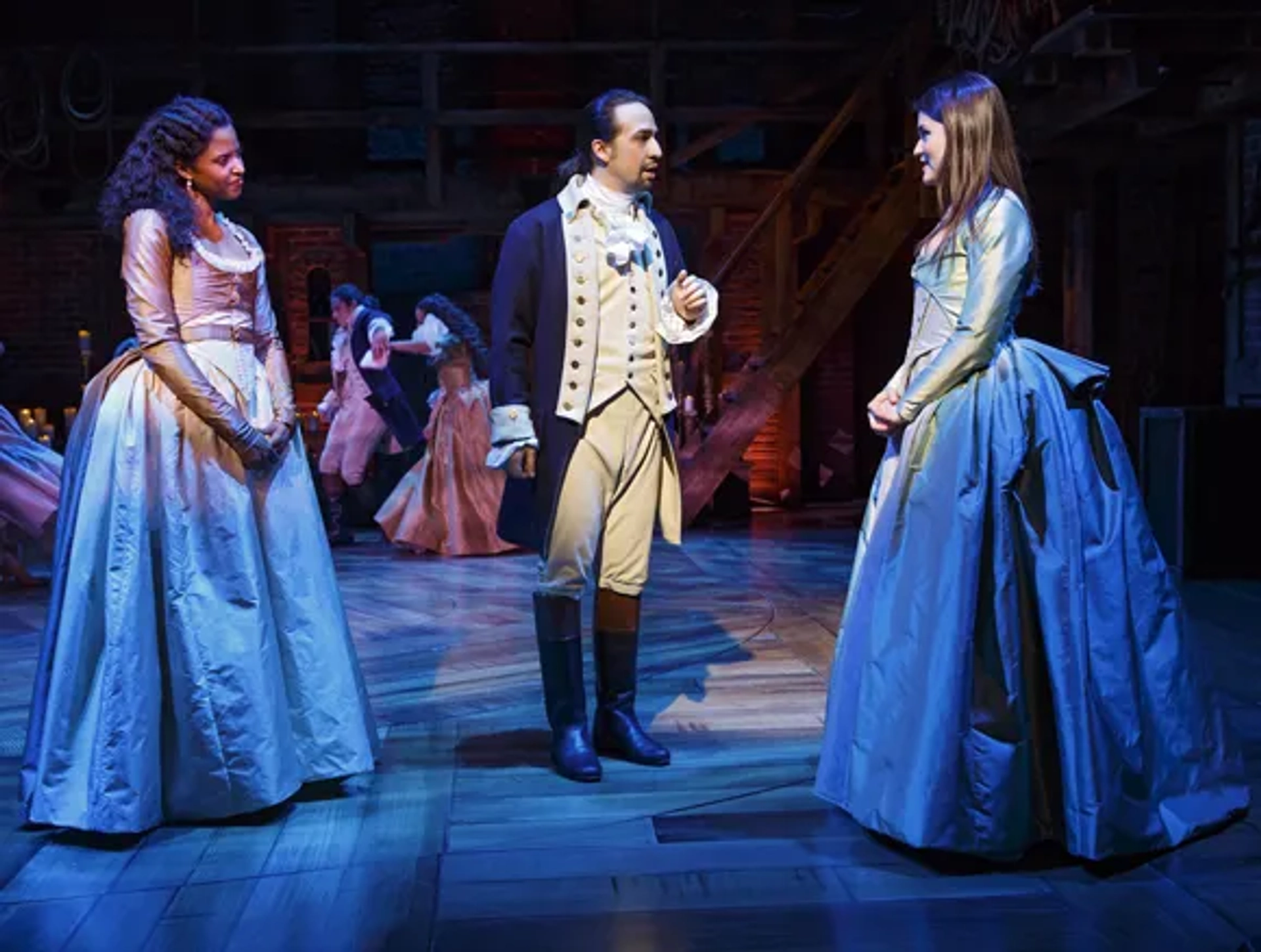 Renée Elise Goldsberry, Lin-Manuel Miranda, and Phillipa Soo in Hamilton (2020)