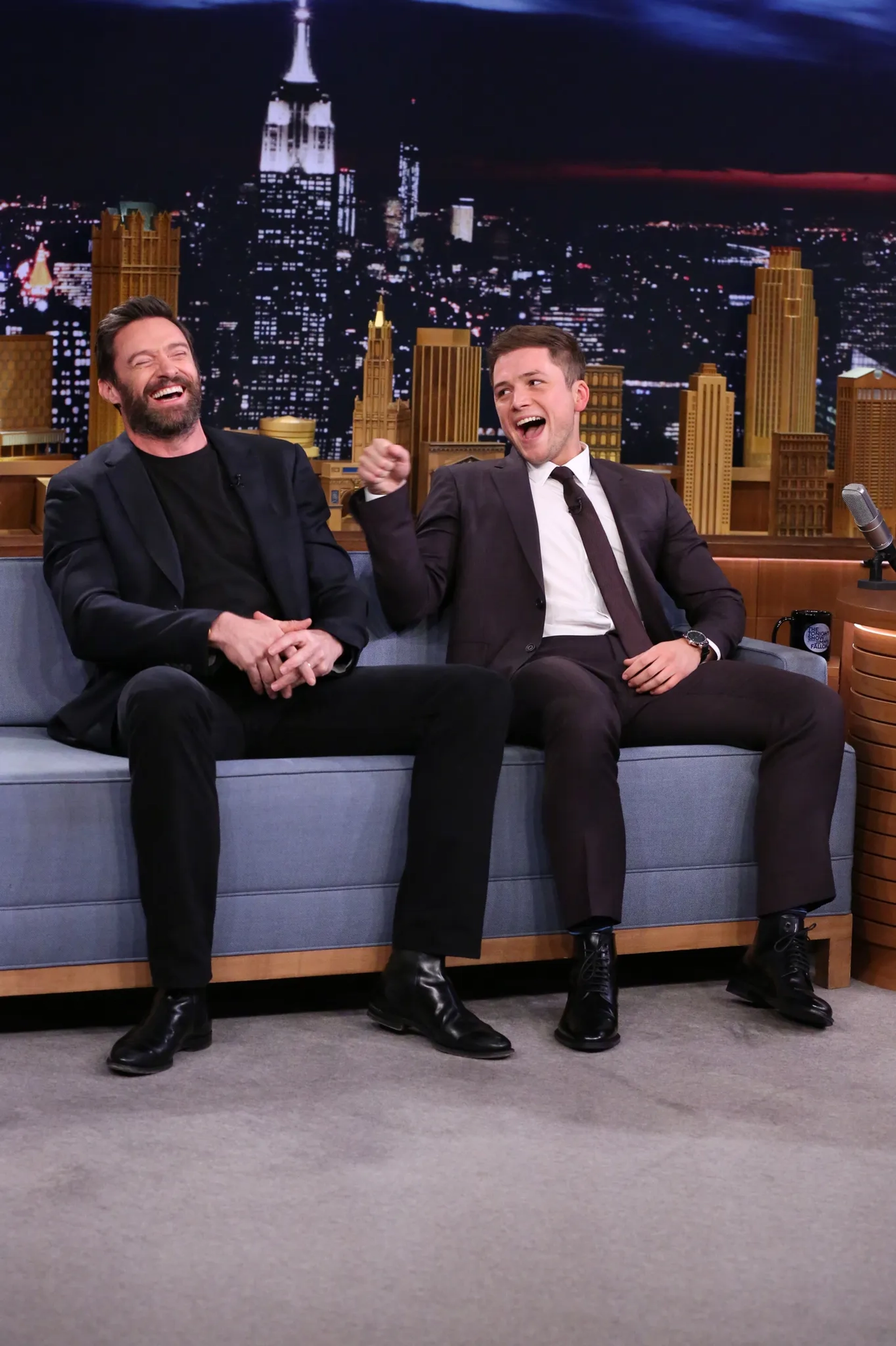 Hugh Jackman and Taron Egerton at an event for The Tonight Show Starring Jimmy Fallon (2014)