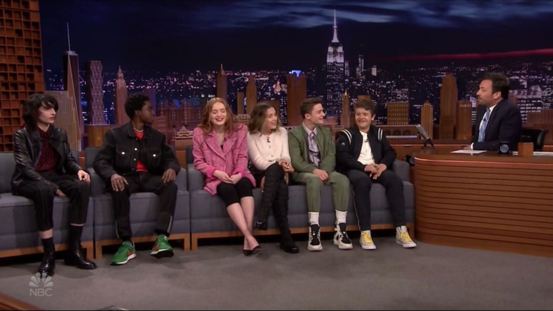 Jimmy Fallon, Caleb McLaughlin, Sadie Sink, Millie Bobby Brown, Finn Wolfhard, Noah Schnapp, and Gaten Matarazzo in The Tonight Show Starring Jimmy Fallon: Millie Bobby Brown/Finn Wolfhard/Gaten Matarazzo/Caleb McLaughlin/Noah Schlapp/Sadie Sink/Ramy Youssef/Ivan Orkin (2019)