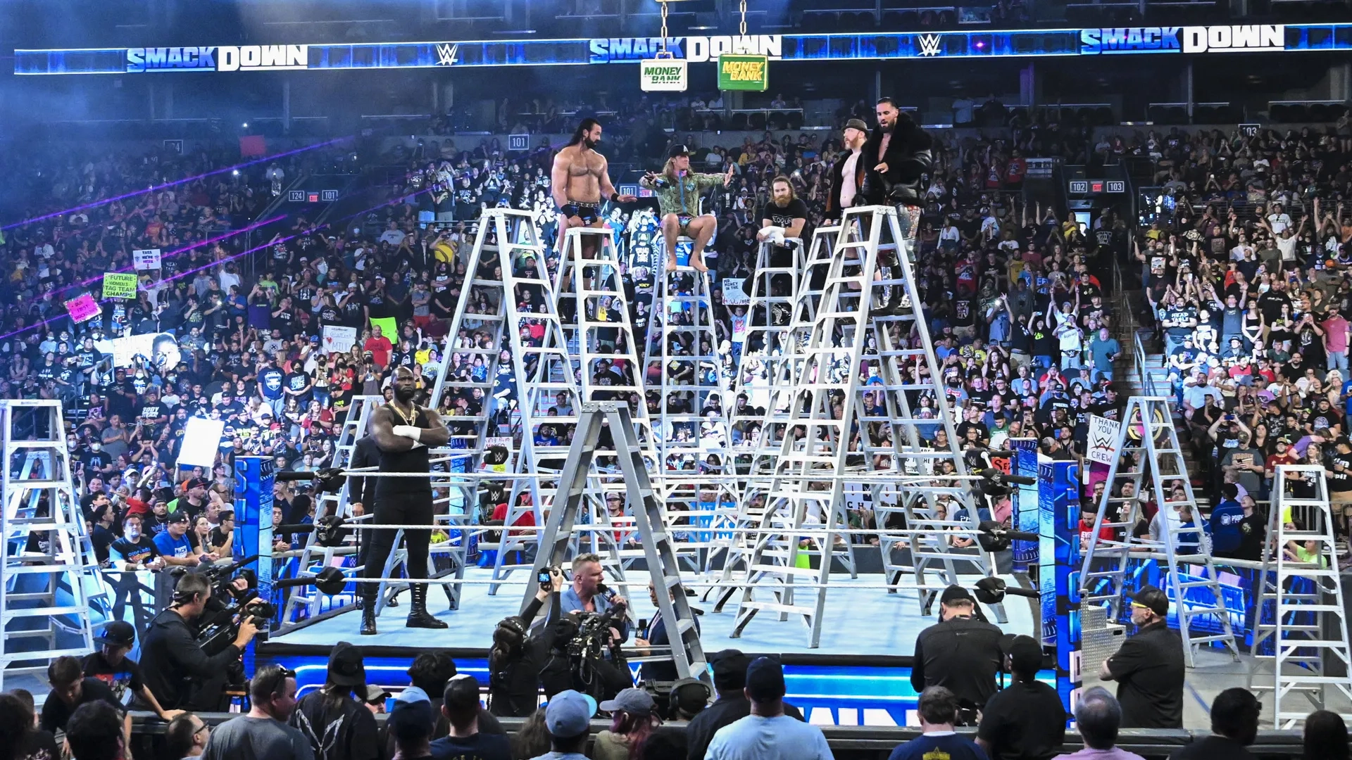 Jordan Omogbehin, Matthew Riddle, Colby Lopez, Stephen Farrelly, Drew Galloway, and Pat McAfee in WWE Smackdown! (1999)