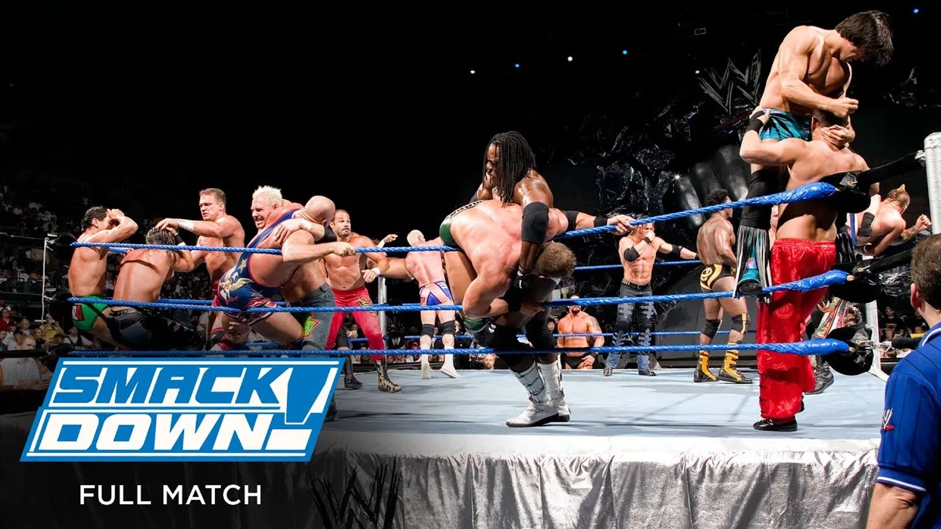 Kurt Angle, Adam Birch, Chavo Guerrero Jr., Bob Howard, Booker Huffman, Marco Corleone, Paul London, Shannon Moore, James Maritato, Scott Taylor, Matt Morgan, Charlie Haas, and John Hennigan in WWE Smackdown! (1999)