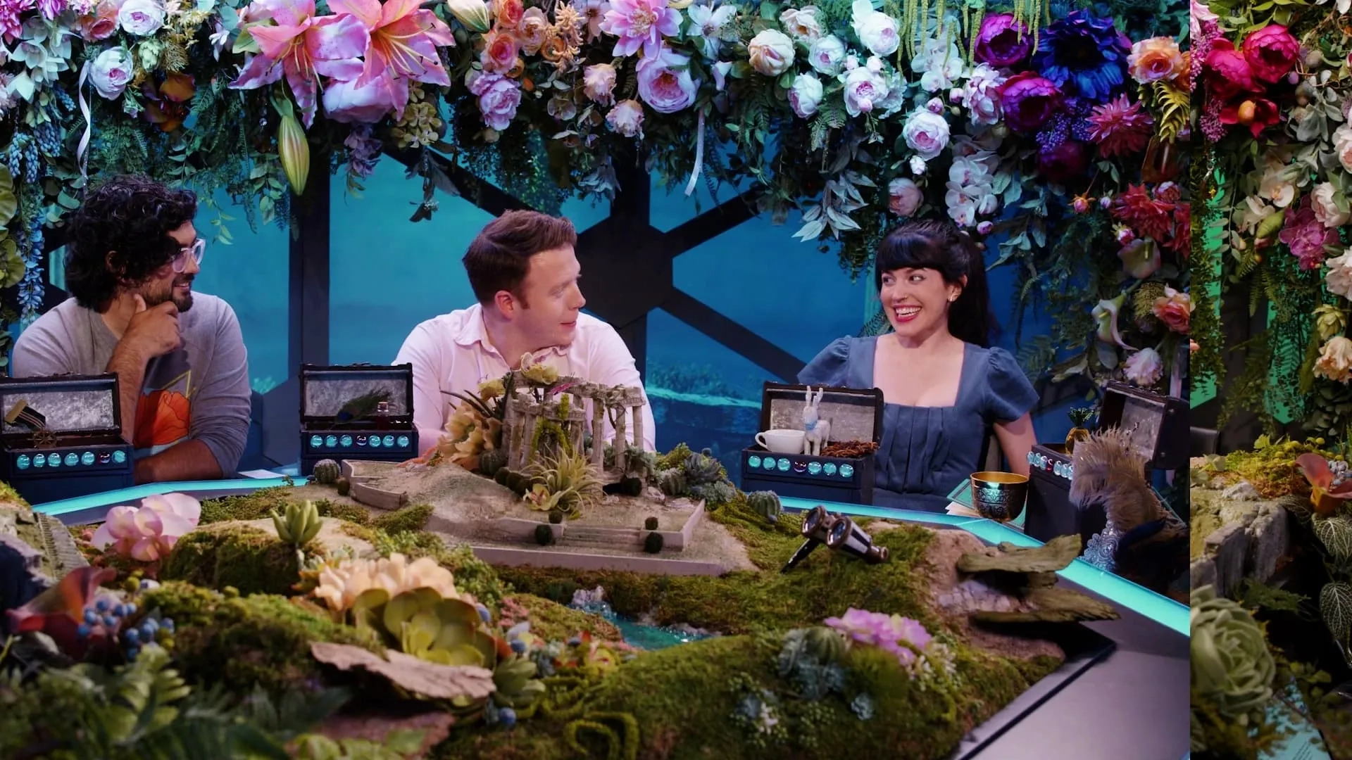 Emily Axford, Brennan Lee Mulligan, and Omar Najam in Dimension 20: Theater of War (2022)