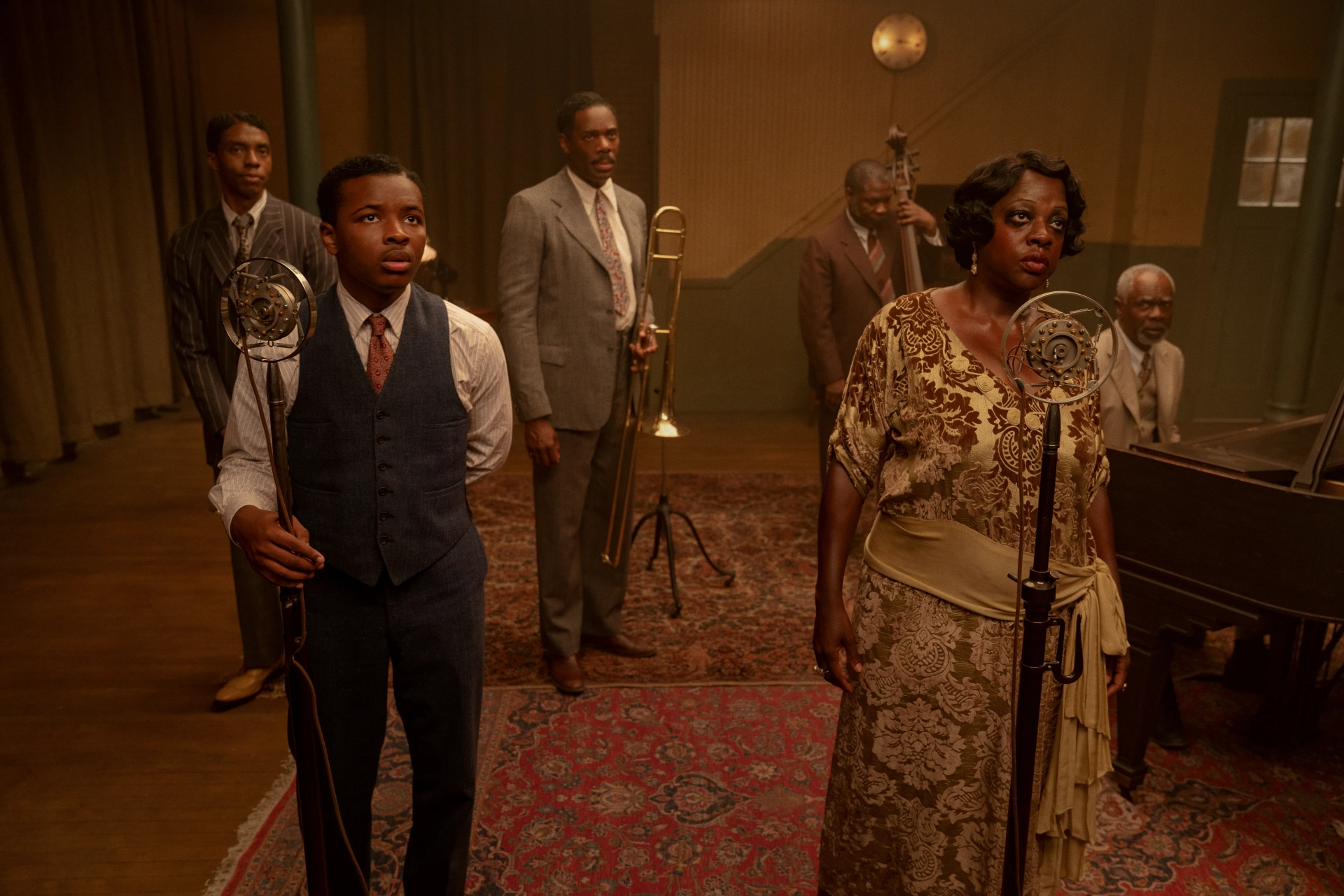 Viola Davis, Colman Domingo, Michael Potts, Glynn Turman, Chadwick Boseman, and Dusan Brown in Ma Rainey's Black Bottom (2020)