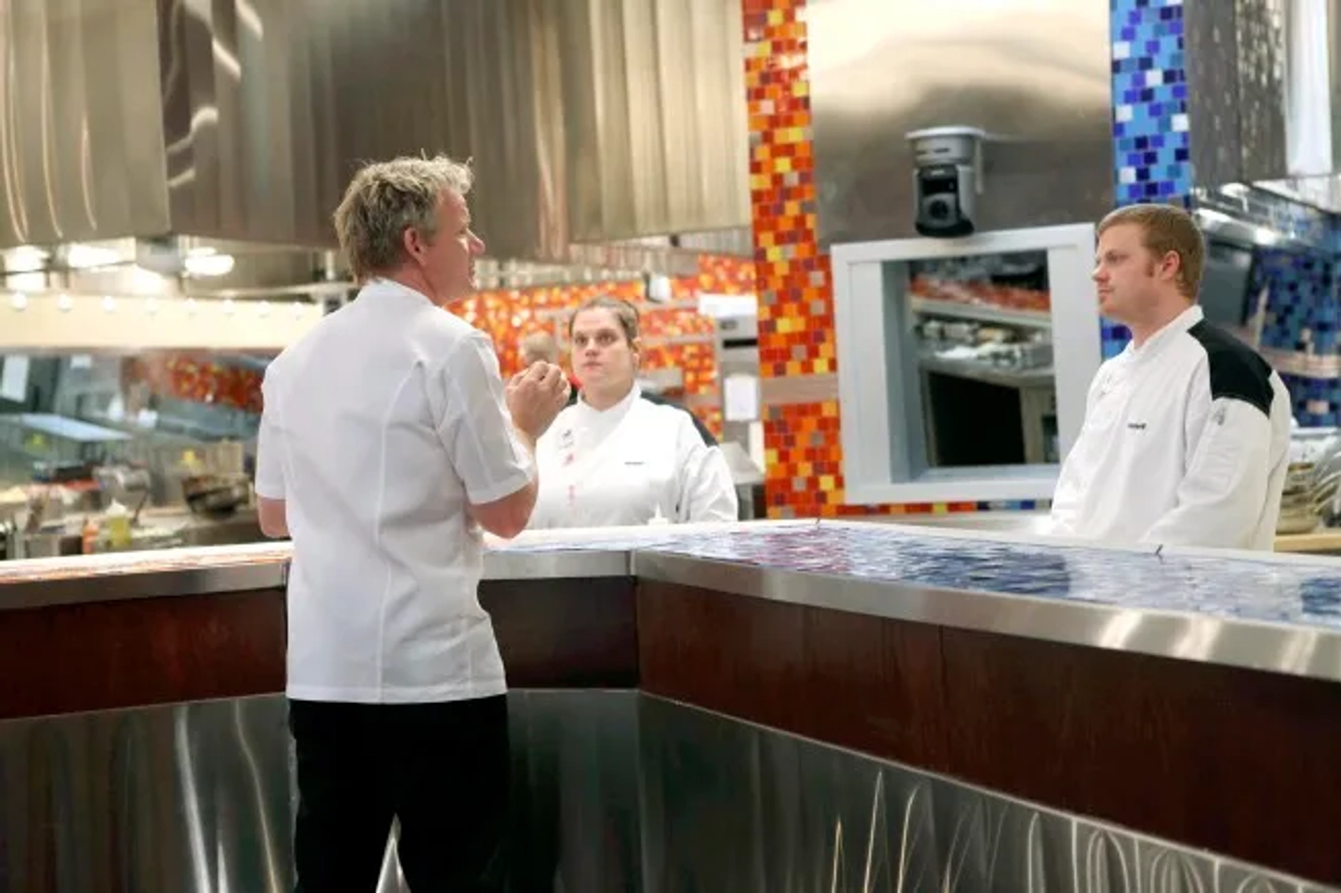 Gordon Ramsay, Nona Sivley, and Russell Kook II in Hell's Kitchen (2005)