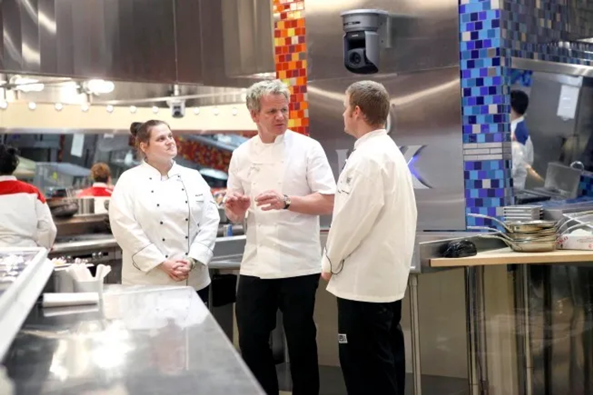 Gordon Ramsay, Nona Sivley, and Russell Kook II in Hell's Kitchen (2005)