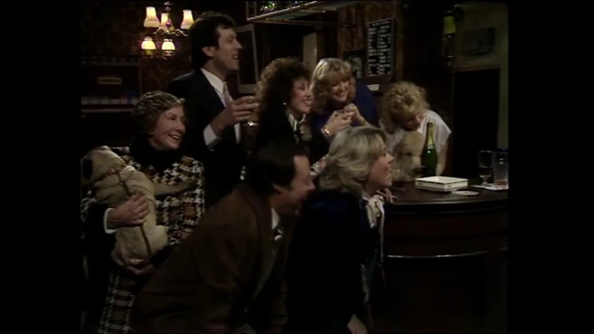 Letitia Dean, Anita Dobson, Gretchen Franklin, Leslie Grantham, Wendy Richard, Gillian Taylforth, and Bill Treacher in EastEnders (1985)