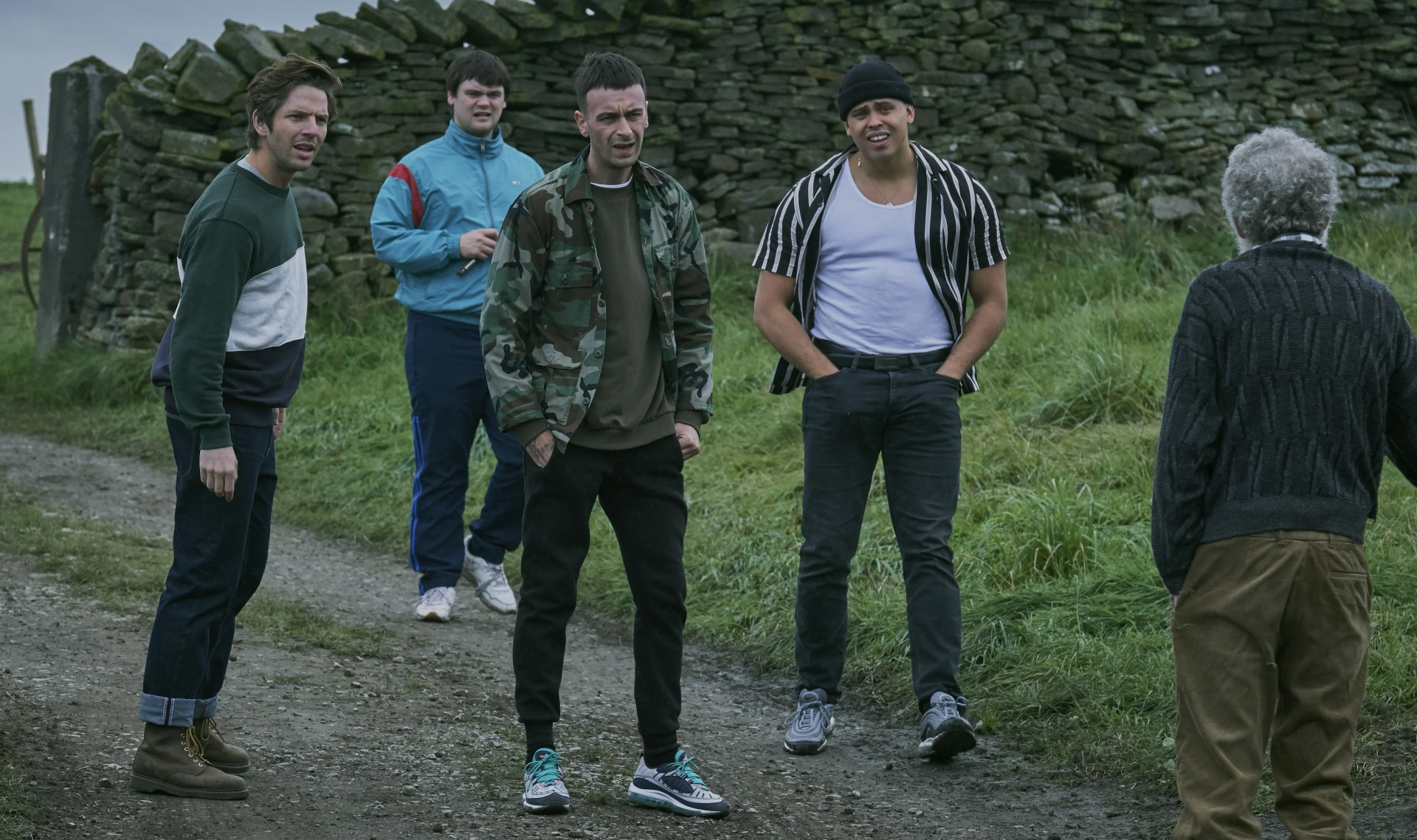 Steve Evets, Joe Gilgun, Tom Hanson, Aaron Heffernan, and Damien Molony in Brassic (2019)