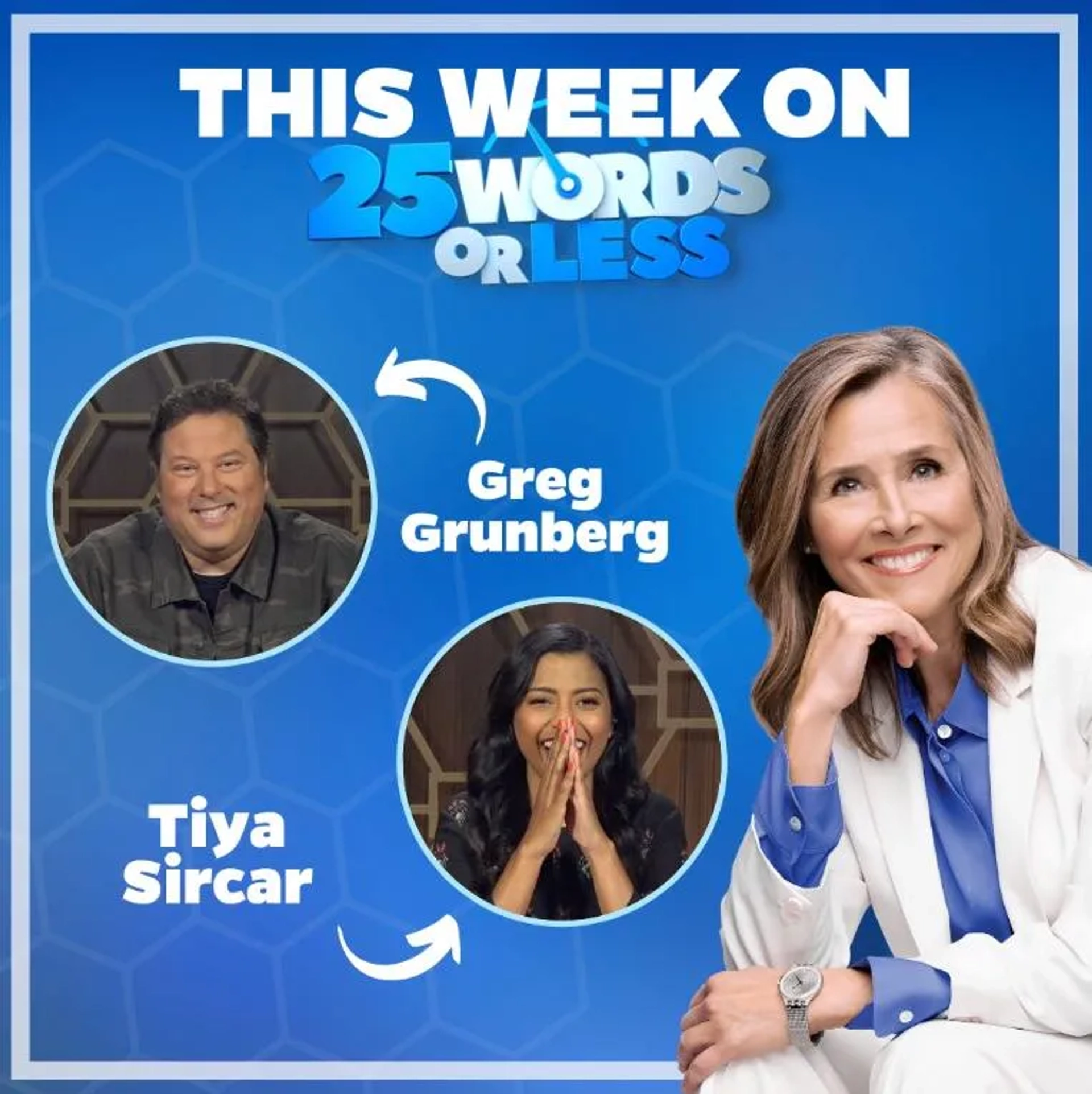 Greg Grunberg, Meredith Vieira, and Tiya Sircar in 25 Words or Less (2018)