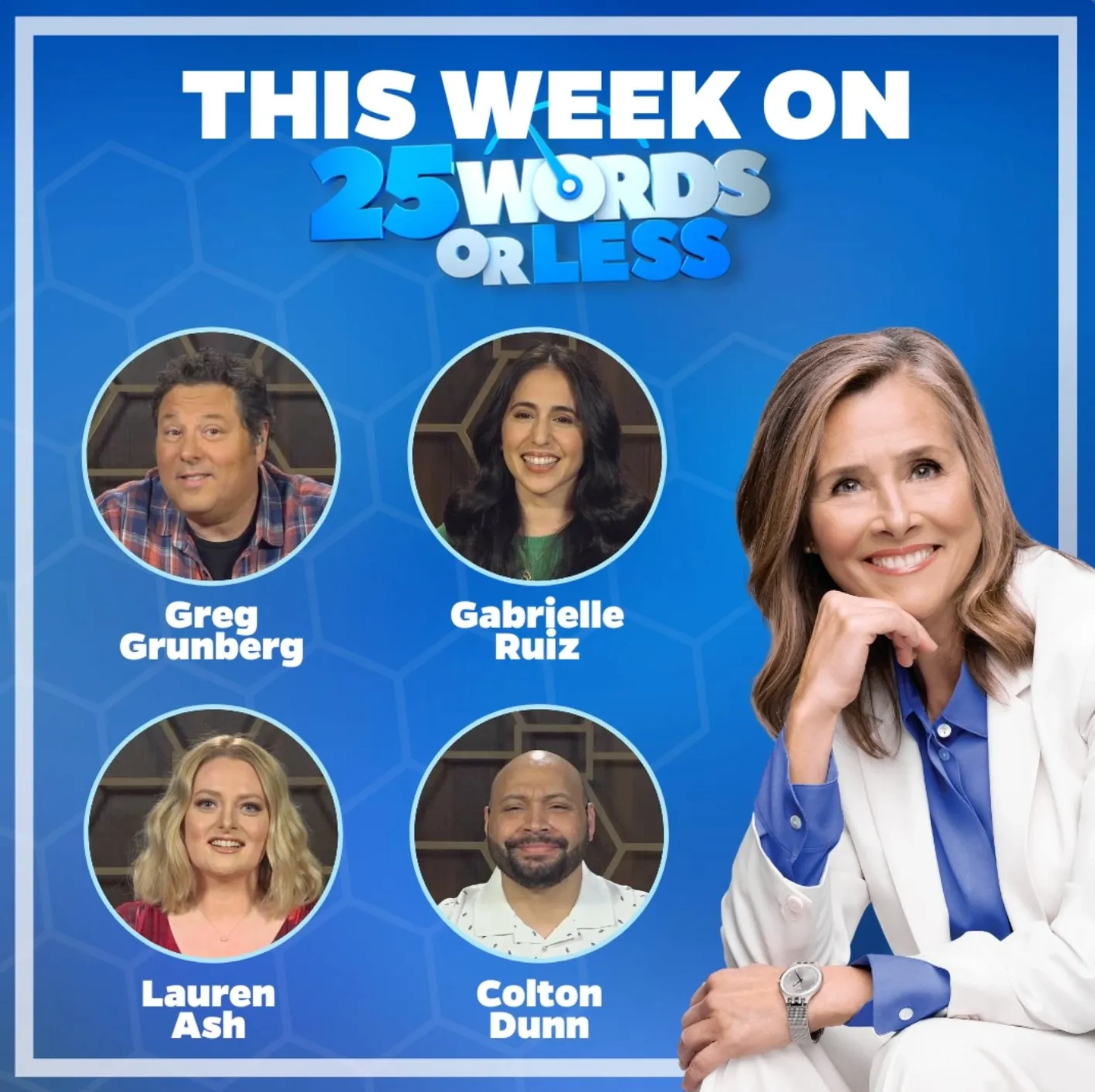 Greg Grunberg, Meredith Vieira, Colton Dunn, Lauren Ash, and Gabrielle Ruiz in 25 Words or Less (2018)