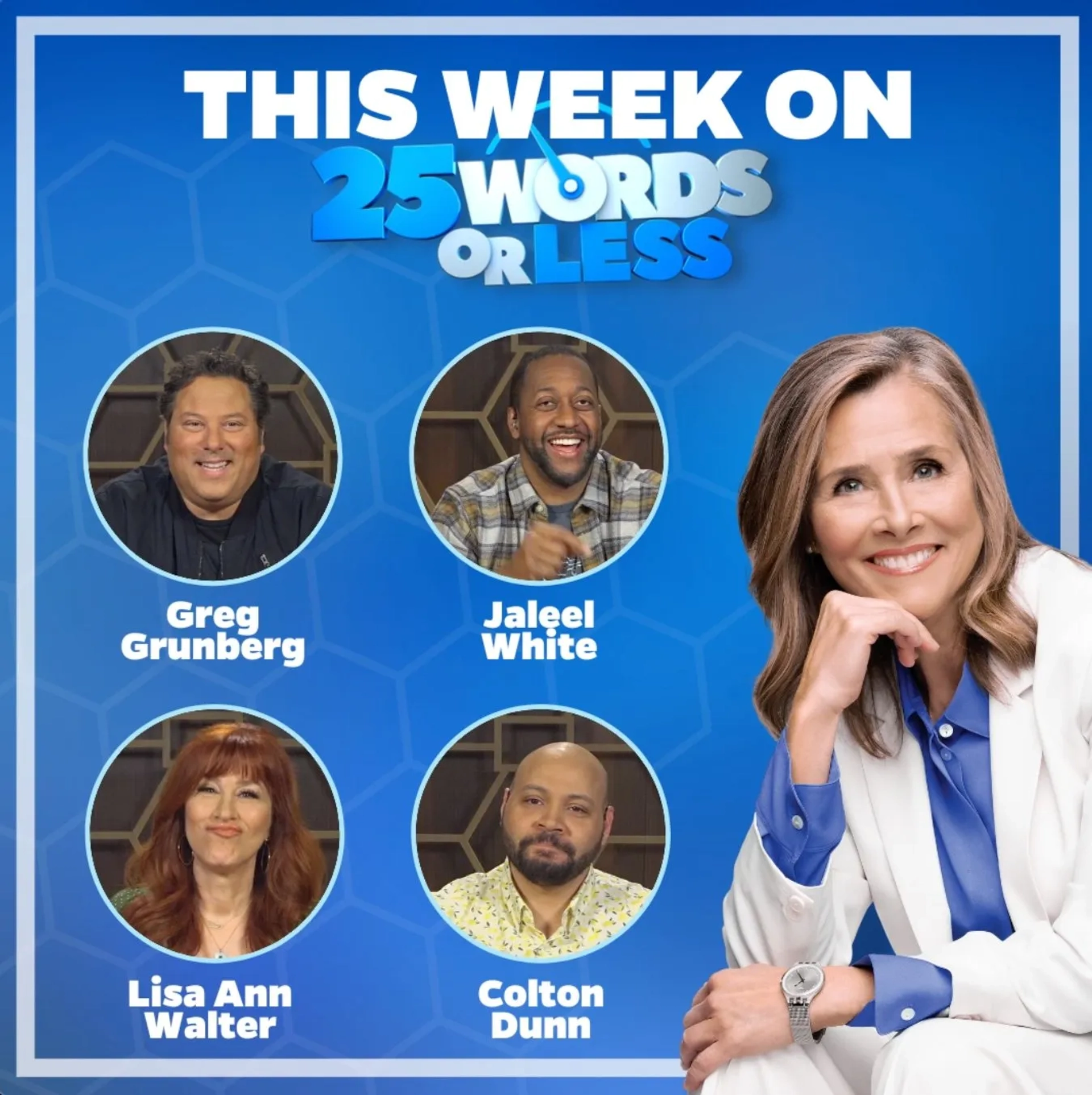 Greg Grunberg, Meredith Vieira, Lisa Ann Walter, Jaleel White, and Colton Dunn in 25 Words or Less (2018)