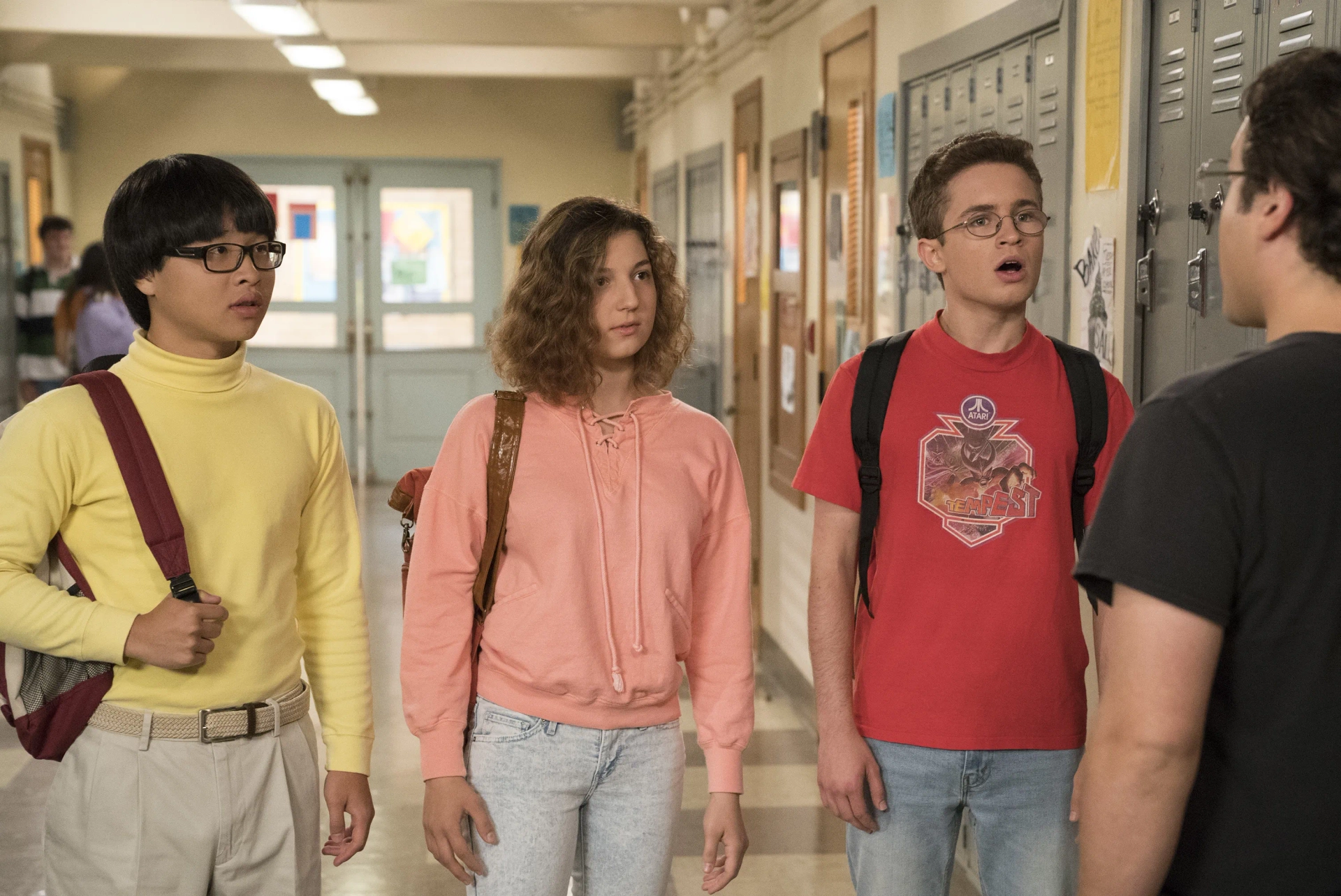 Stephanie Katherine Grant, Sean Giambrone, and Kenny Ridwan in The Goldbergs (2013)