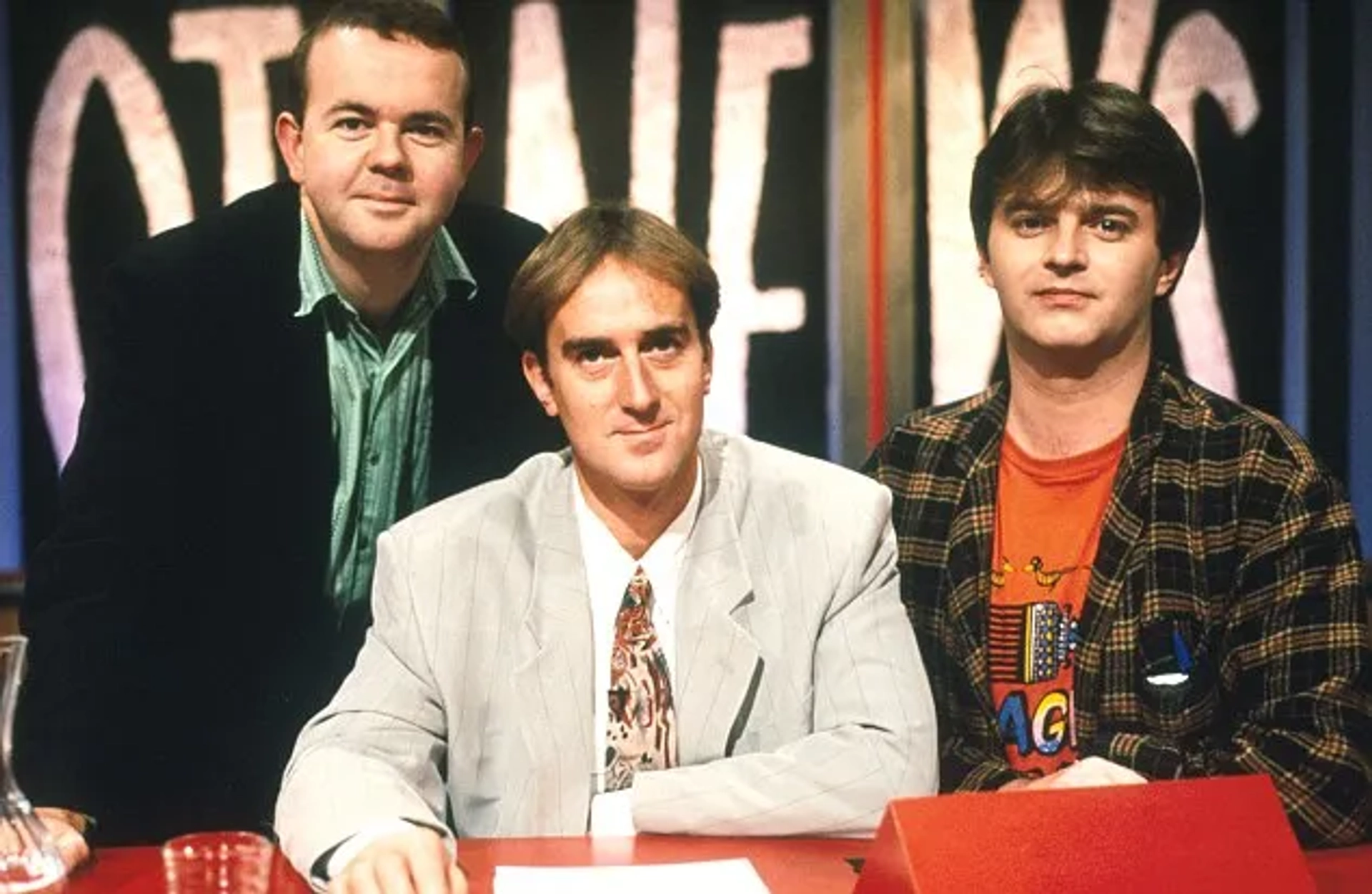 Angus Deayton, Ian Hislop, and Paul Merton in Have I Got News for You (1990)