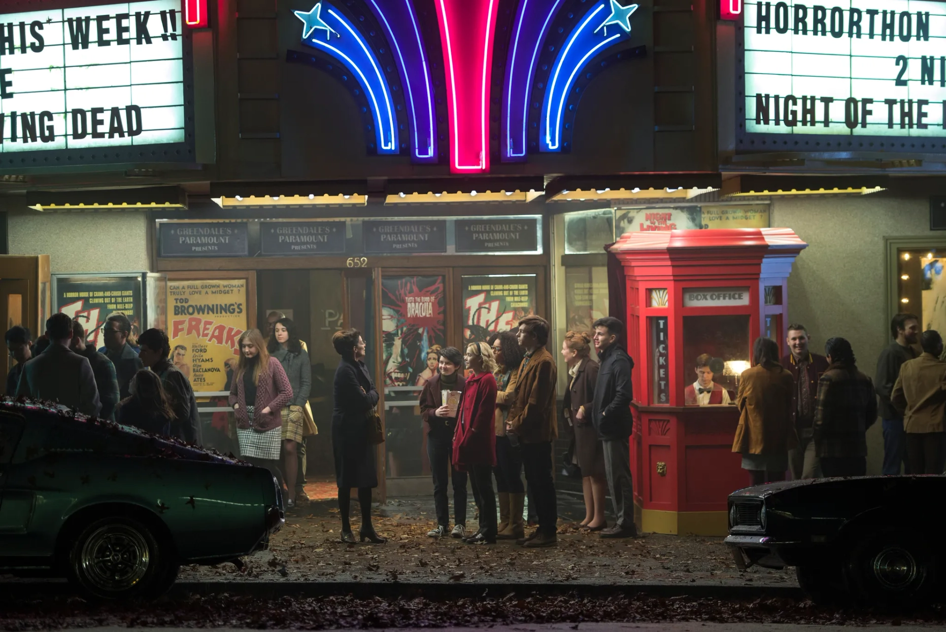 Michelle Gomez, Kiernan Shipka, Ross Lynch, Jaz Sinclair, and Lachlan Watson in Chilling Adventures of Sabrina (2018)