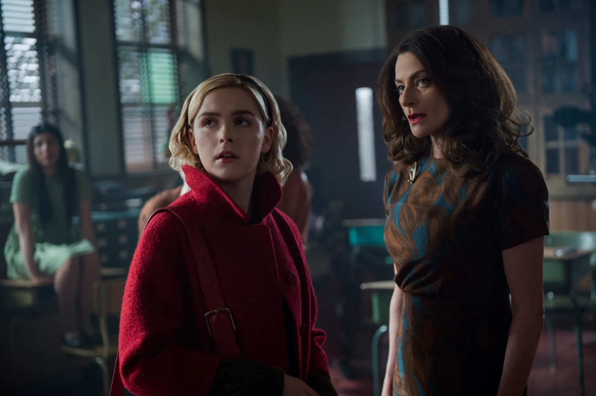 Michelle Gomez and Kiernan Shipka in Chilling Adventures of Sabrina (2018)