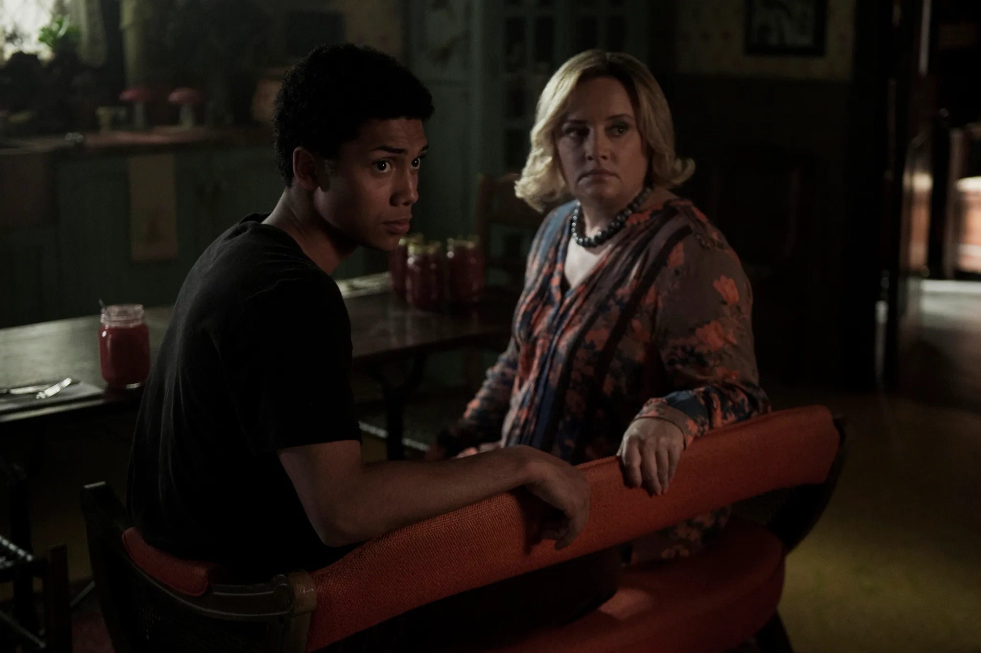 Lucy Davis and Chance Perdomo in Chilling Adventures of Sabrina (2018)