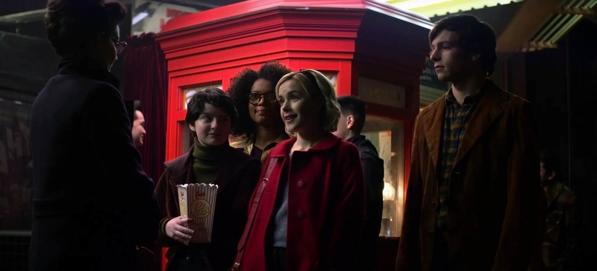 Michelle Gomez, Kiernan Shipka, Ross Lynch, Jaz Sinclair, and Lachlan Watson in Chilling Adventures of Sabrina (2018)