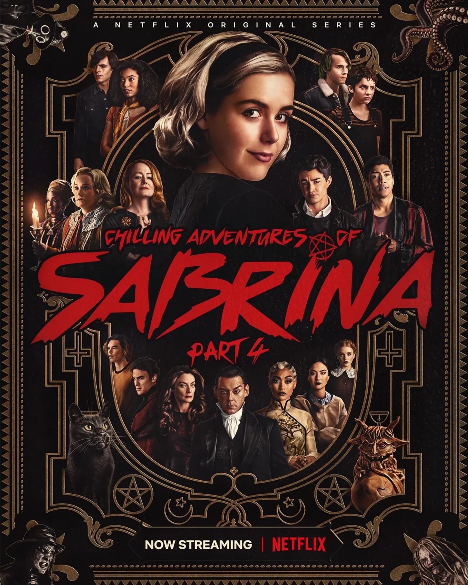 Miranda Otto, Richard Coyle, Lucy Davis, Michelle Gomez, Luke Cook, Kiernan Shipka, Ross Lynch, Jaz Sinclair, Skye P. Marshall, Lachlan Watson, Tati Gabrielle, Abigail Cowen, Jonathan Whitesell, Gavin Leatherwood, Sam Corlett, Chance Perdomo, and Adeline Rudolph in Chilling Adventures of Sabrina (2018)