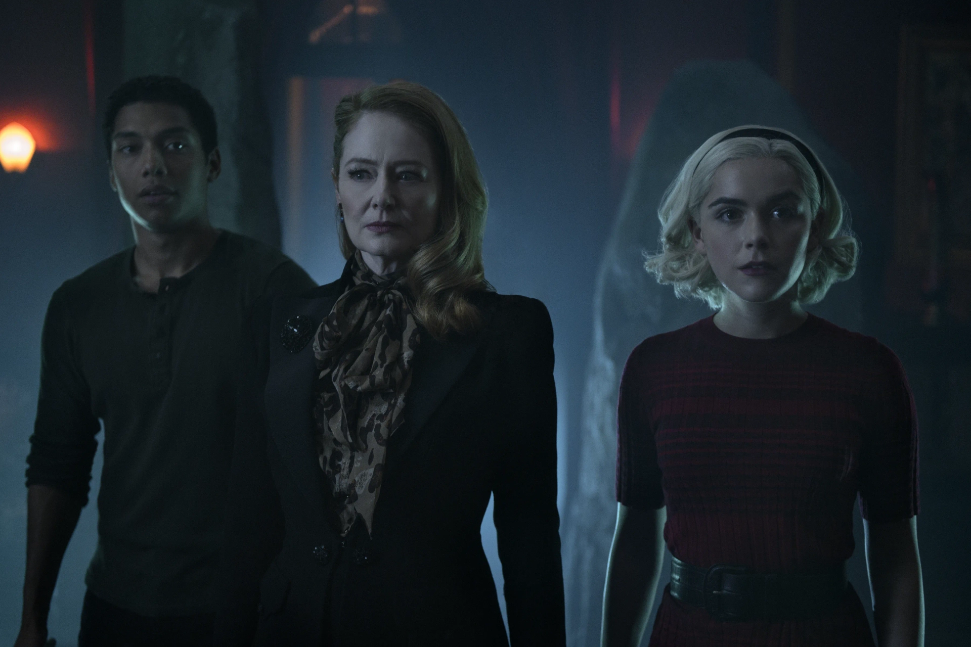 Miranda Otto, Kiernan Shipka, and Chance Perdomo in Chilling Adventures of Sabrina (2018)