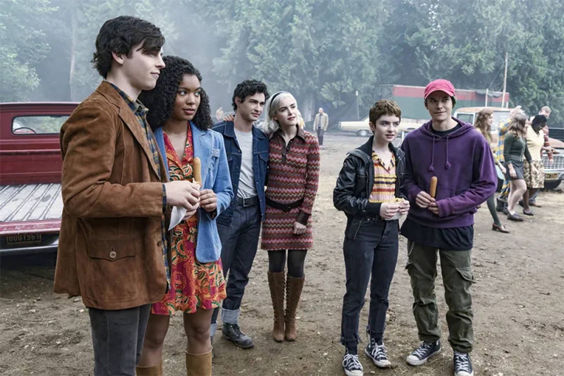 Kiernan Shipka, Ross Lynch, Jaz Sinclair, Lachlan Watson, Jonathan Whitesell, and Gavin Leatherwood in Chilling Adventures of Sabrina (2018)