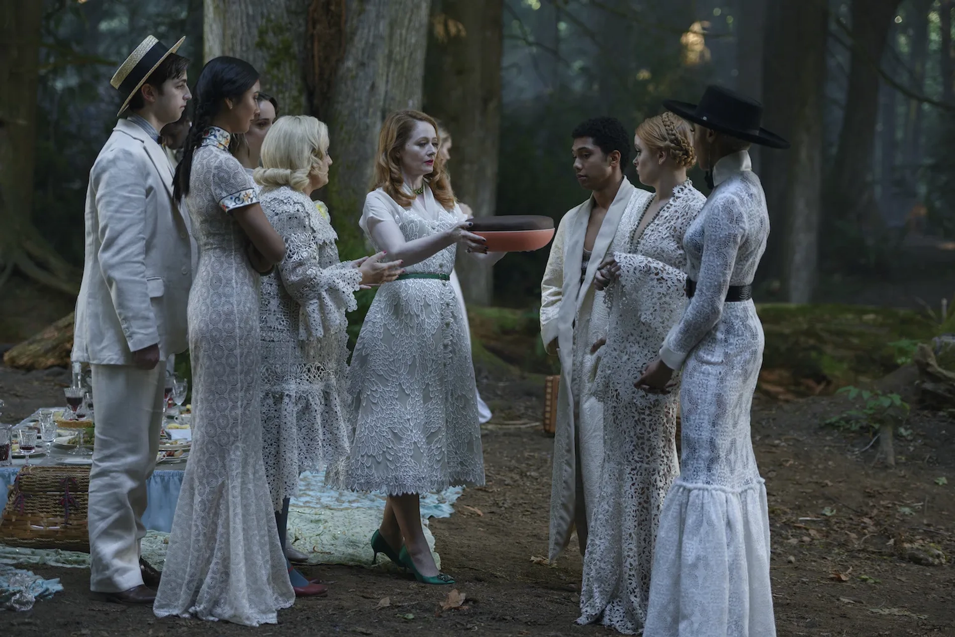 Miranda Otto, Lucy Davis, Tati Gabrielle, Abigail Cowen, Tyler Cotton, Chance Perdomo, and Adeline Rudolph in Chilling Adventures of Sabrina (2018)