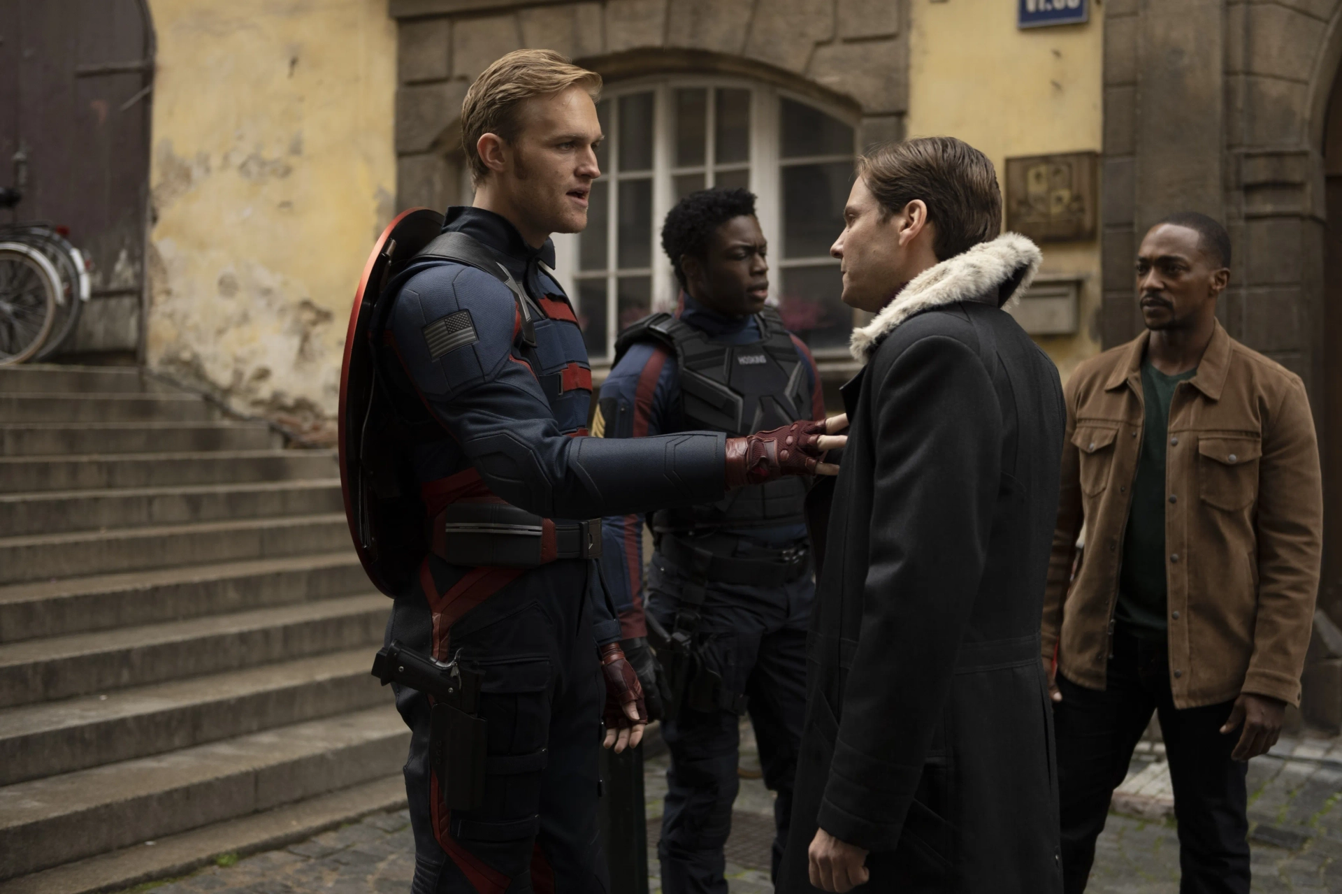 Clé Bennett, Daniel Brühl, Wyatt Russell, and Anthony Mackie in The Falcon and the Winter Soldier (2021)