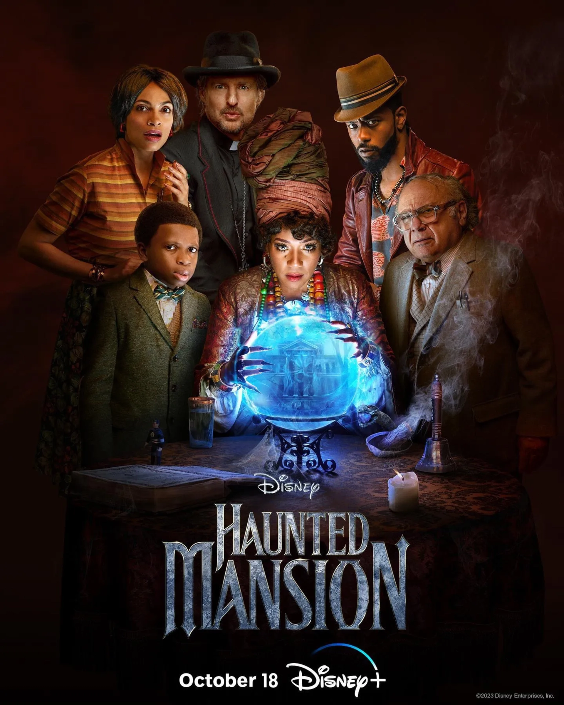 Danny DeVito, Owen Wilson, Rosario Dawson, Chase Dillon, Tiffany Haddish, and LaKeith Stanfield in Haunted Mansion (2023)