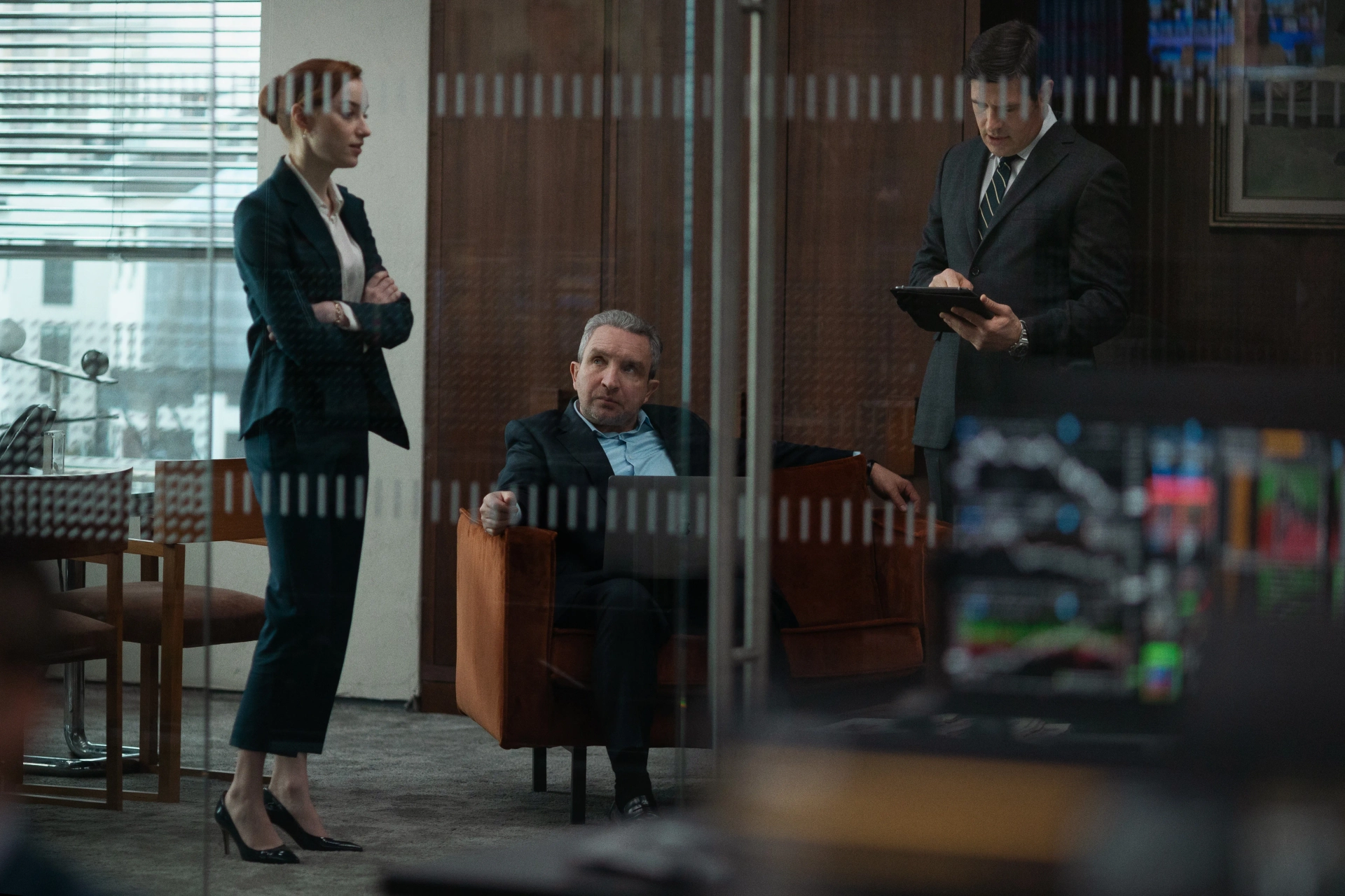 Eddie Marsan, Rich Sommer, and Phoebe Dynevor in Fair Play (2023)