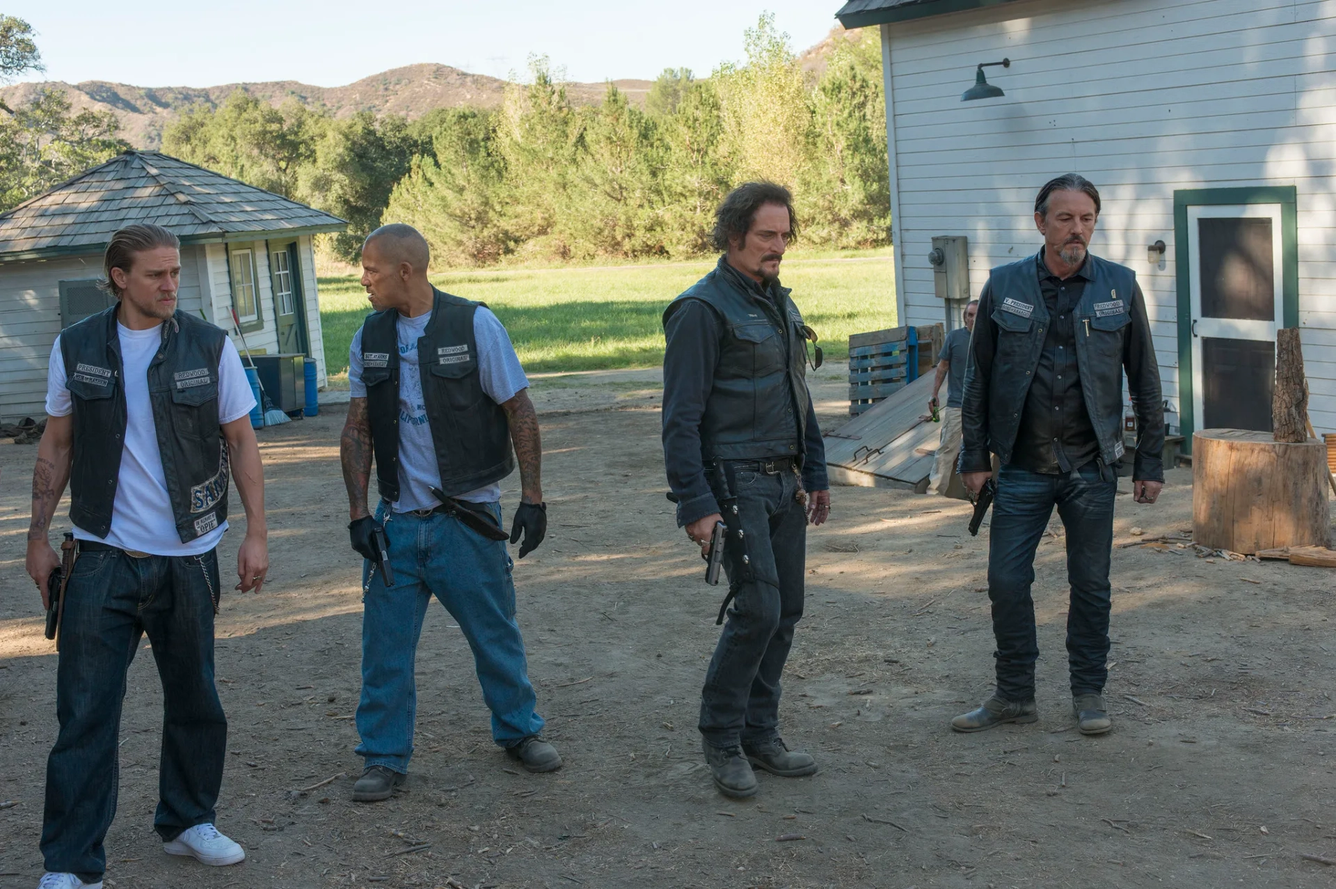 Kim Coates, Tommy Flanagan, Charlie Hunnam, and David Labrava in Sons of Anarchy (2008)
