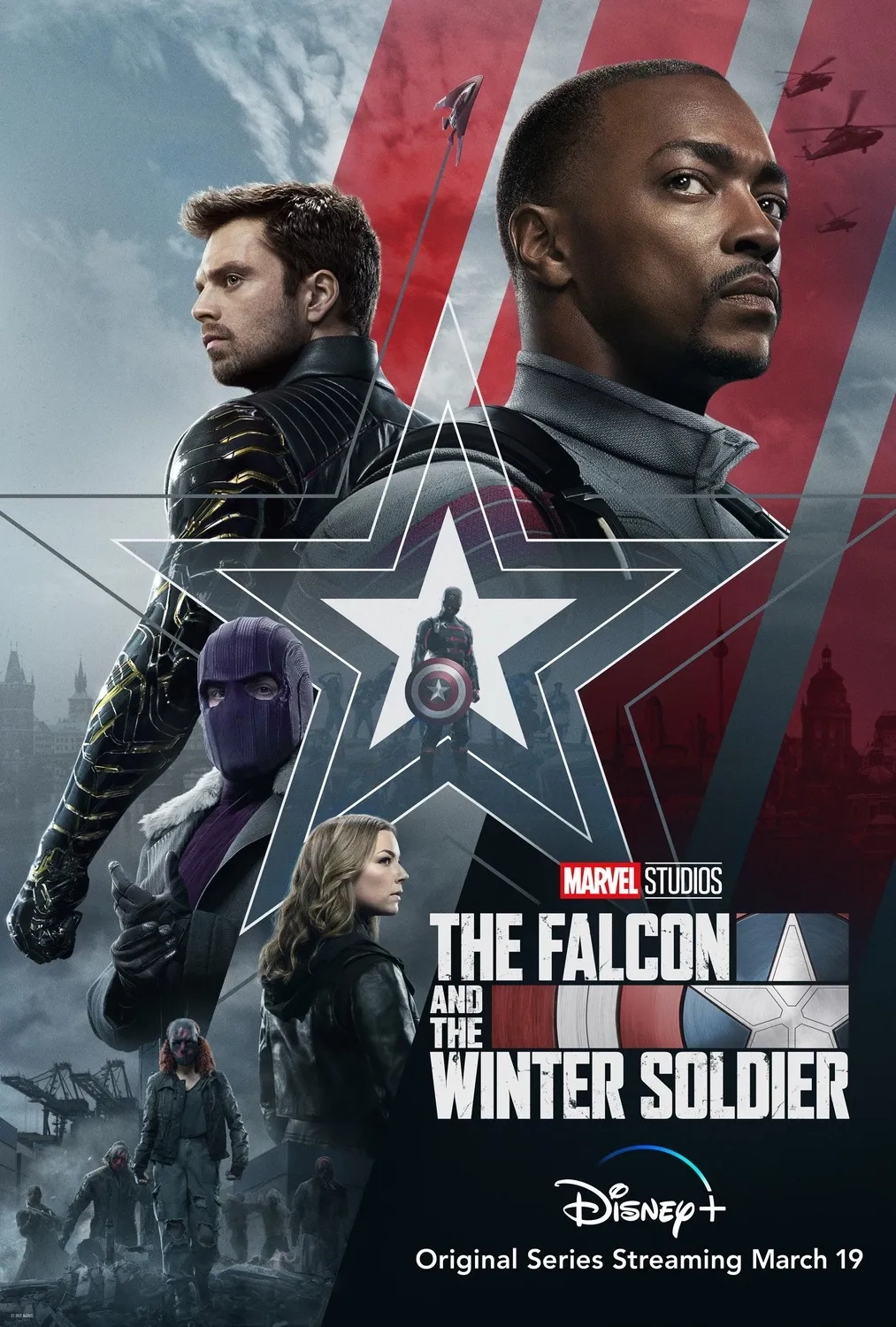Daniel Brühl, Wyatt Russell, Emily VanCamp, Anthony Mackie, Sebastian Stan, and Erin Kellyman in The Falcon and the Winter Soldier (2021)